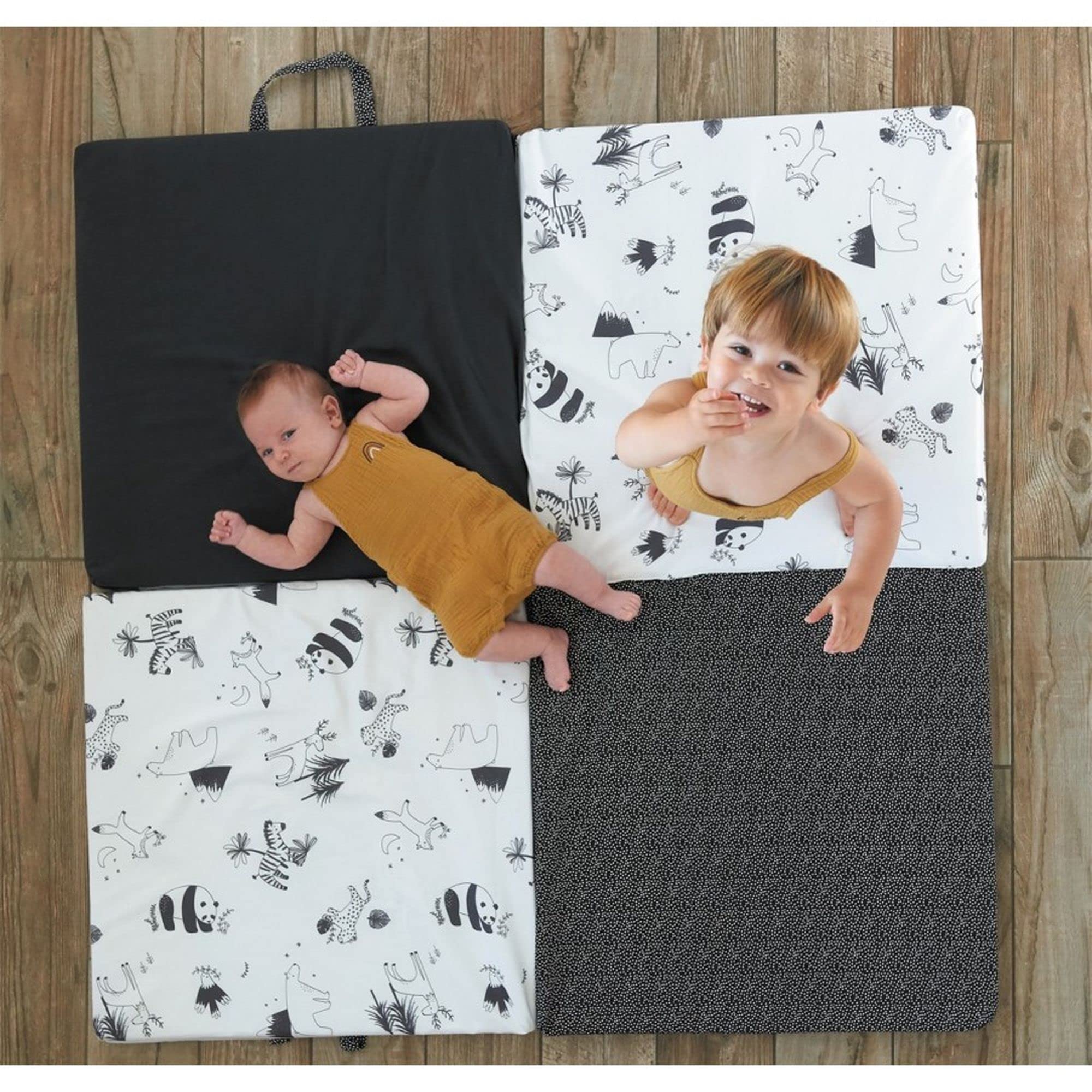 Candide - Tapis D'éveil, Tapis De Motricité, Tapis Bébé, Multifonction 3 en 1, Couchage D'appoint, Pouf Bébé, Déhoussable, Fabriqué En France, 120x120x4cm (Black And White)