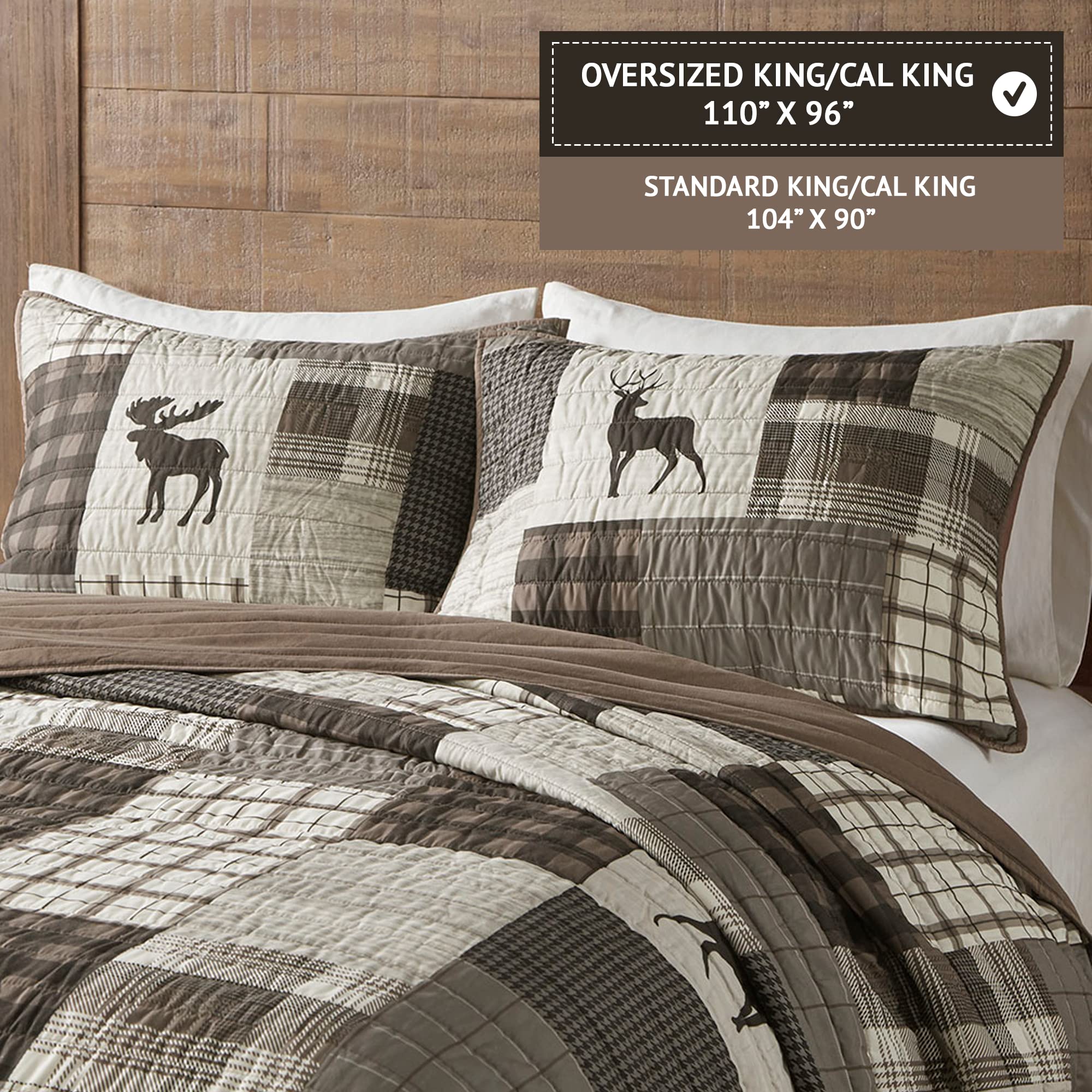 Woolrich Reversible Quilt Set - Cottage Styling Reversed to Solid Color, All Season Lightweight Coverlet, Cozy Bedding Layer, Matching Shams, Oversized King/Cal King, Woodshed Moose Brown