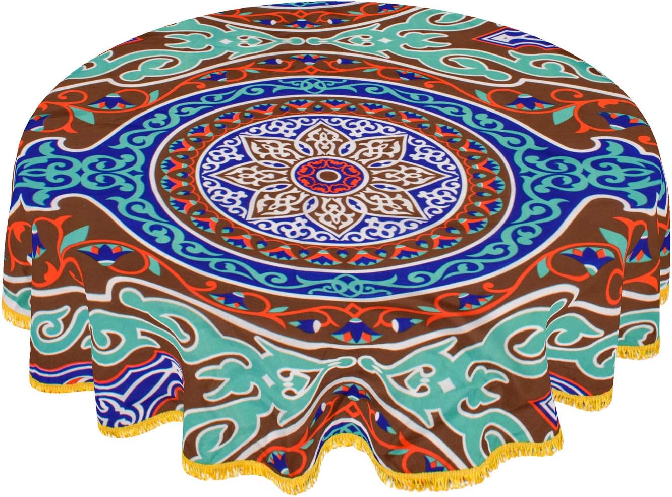 CraftiEgypt Egyptian Ramadan Decorations Colorful Blue Printed Khayamiya Polyester Cotton Tablecloth Cover Top Round 55 Inches
