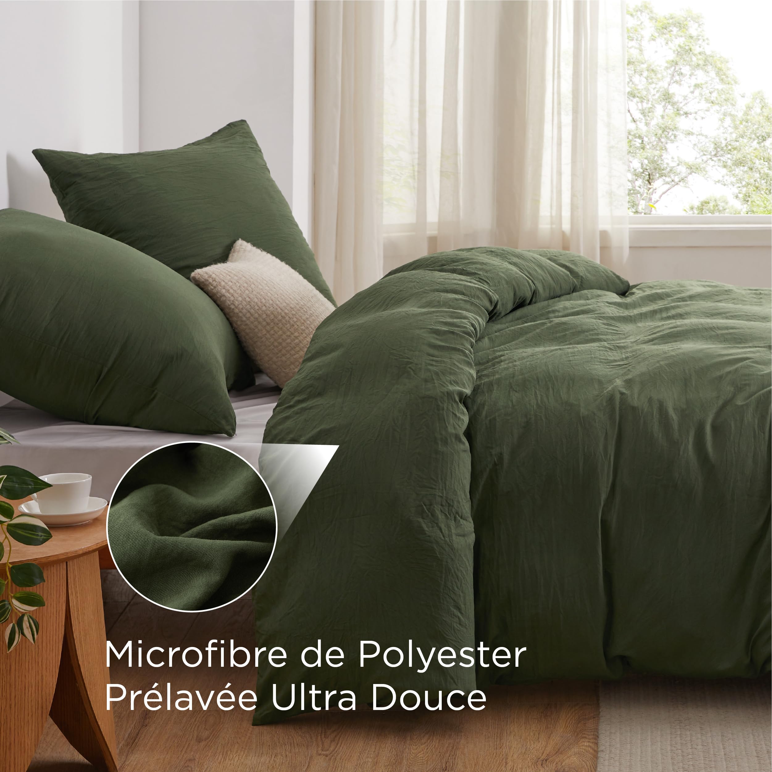 Bedsure Housse de Couette 220 x 240 - Vert Olive, 2 Taies d'oreiller 65x65 | Parure de Lit Adulte avec 2 Taies d'Oreiller, Aspect Coton, Doux et Résistant, Idéal pour Lit Double, Certifié Oeko-TEX
