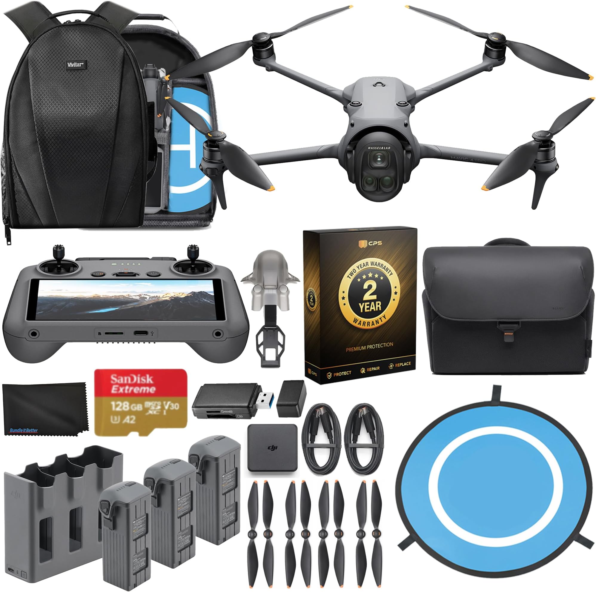 Mavic 4 Pro Drone Fly More Combo 6K60 HDR, 100MP, 51-Min Max Flight Time, 18.6-Mile Range, ActiveTrack 360 Subject/Vehicle Tracking, Omnidirectional Avoidance Bundle with 128GB Memory, 2 Year CPS Warranty, Backpack, Bundle It Better Lens Cloth + More
