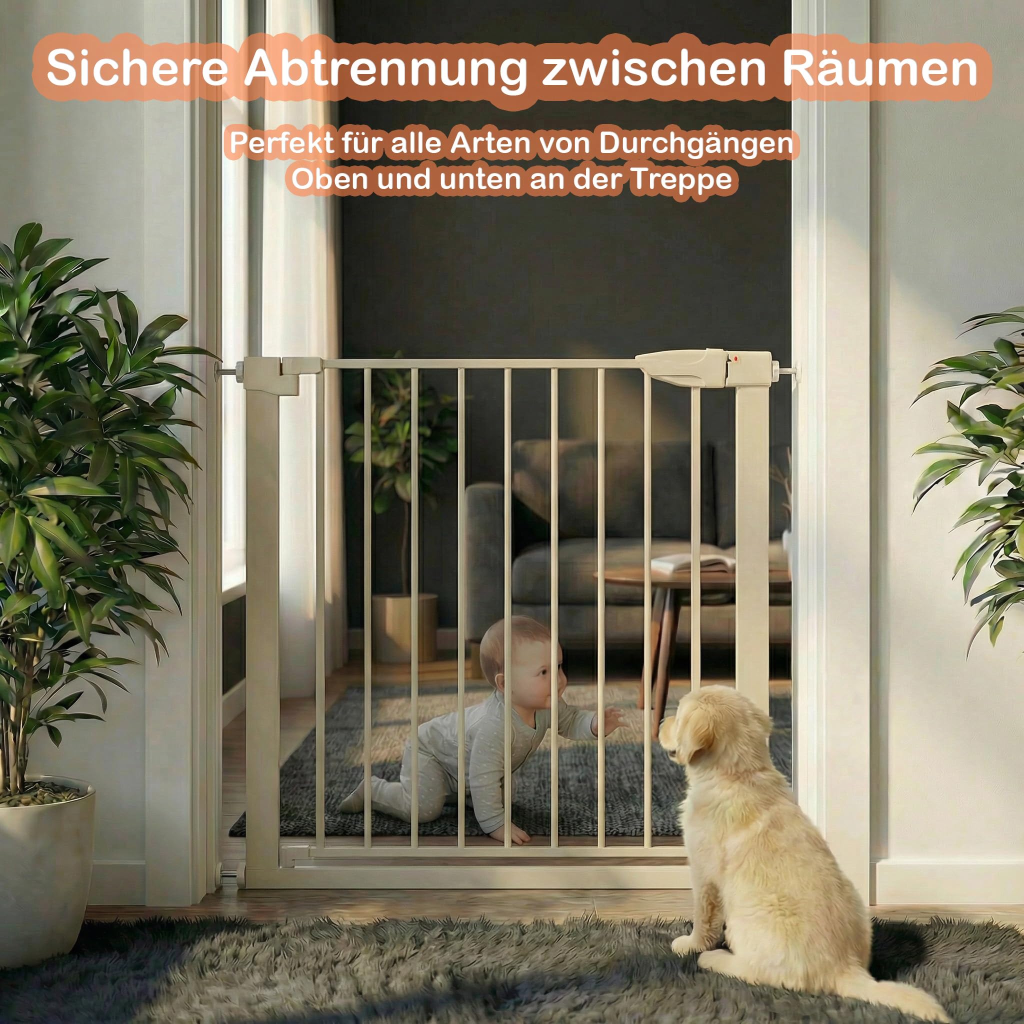 Treppenschutzgitter ausziehbar ohne Bohren - Türschutzgitter 96cm Beige | Türschutzgitter ohne Bohren für Babys, Kinder & Haustiere, Sicherheitsgitter, Kinderschutzgitter für Treppen & Türen
