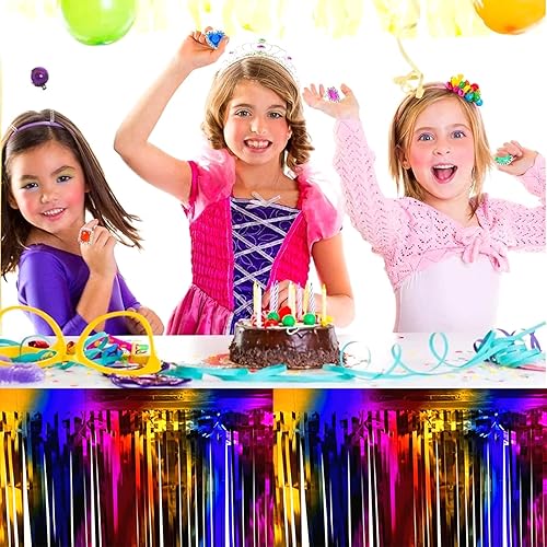 Miniatura 66 de Paquete de 6 faldas de mesa con flecos metálicos azules de 29 x 108 pulgadas para decoración de fiesta de oropel con flecos, cortinas de guirnalda