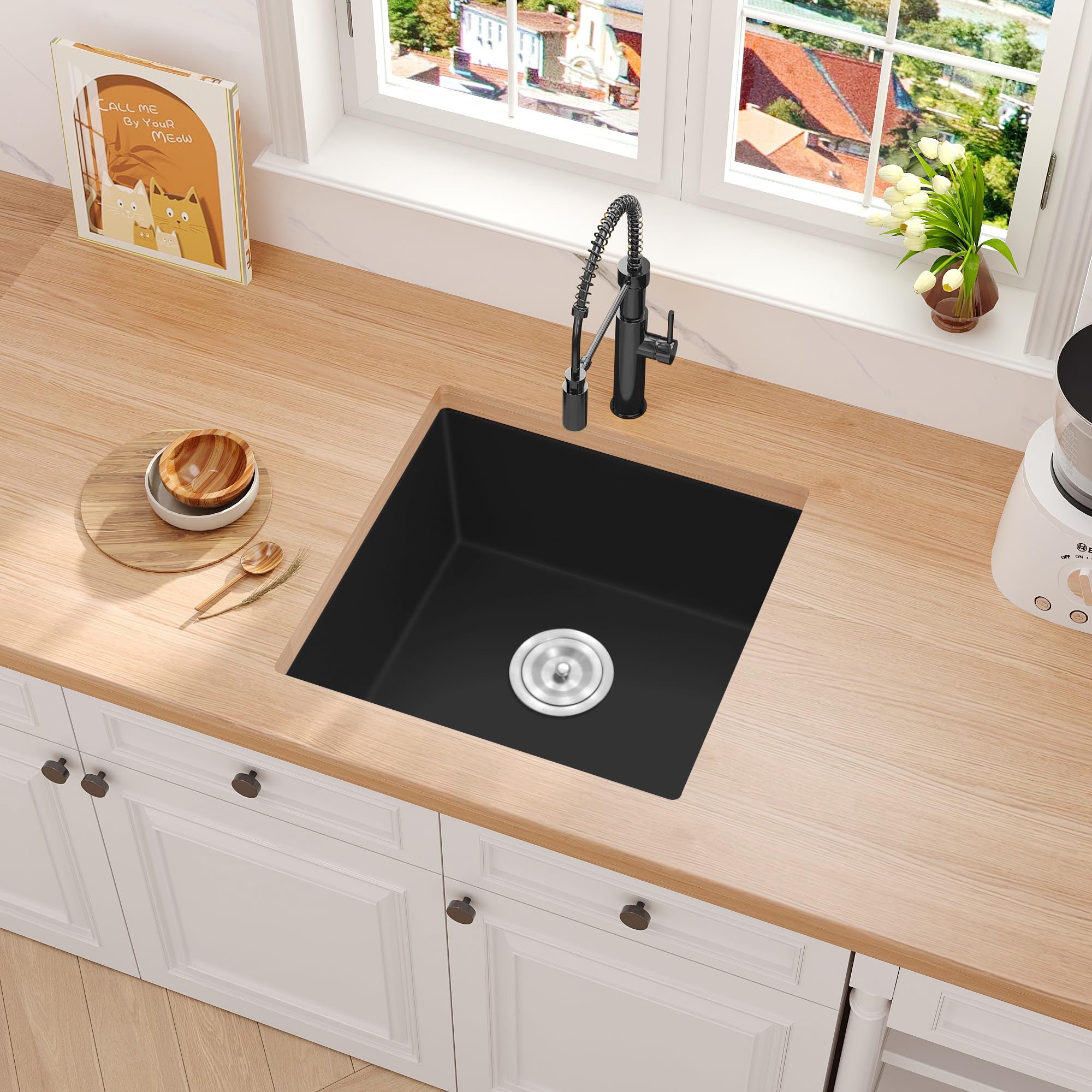 Black Bar Sink Granite Composite,Black Kitchen Sink Undermount,18 inch Bar Prep RV Sinks, 18''x18'' Small Single Bowl Quartz Kitchen Sinks with Accessories