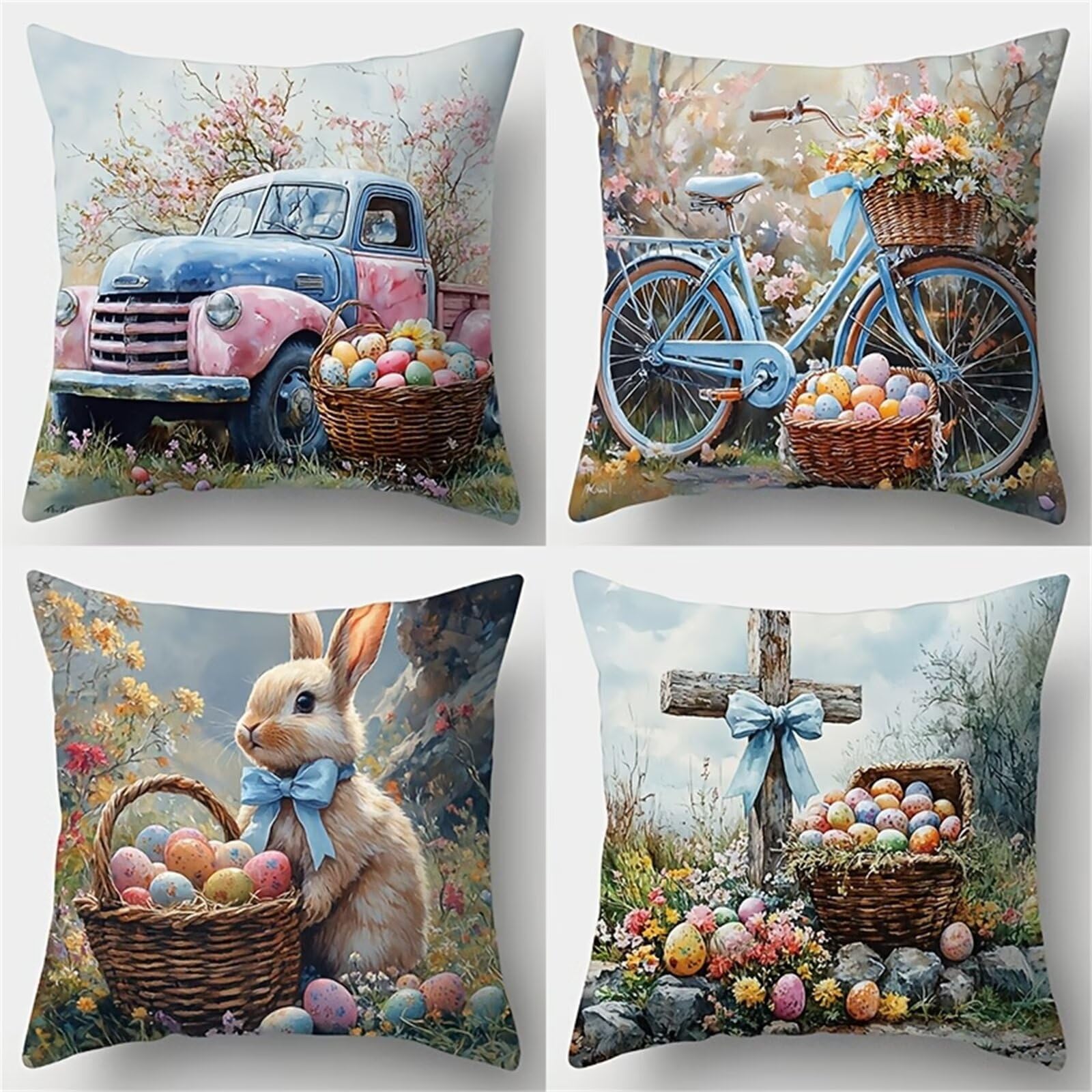 QiHon Easter Rabbit Eggs Cushion Covers 30x30 cm Set of 4, Decorative Throw Pillow Cases, 12x12 inch Square Linen Pillowcases for Sofa Living Room Bedroo