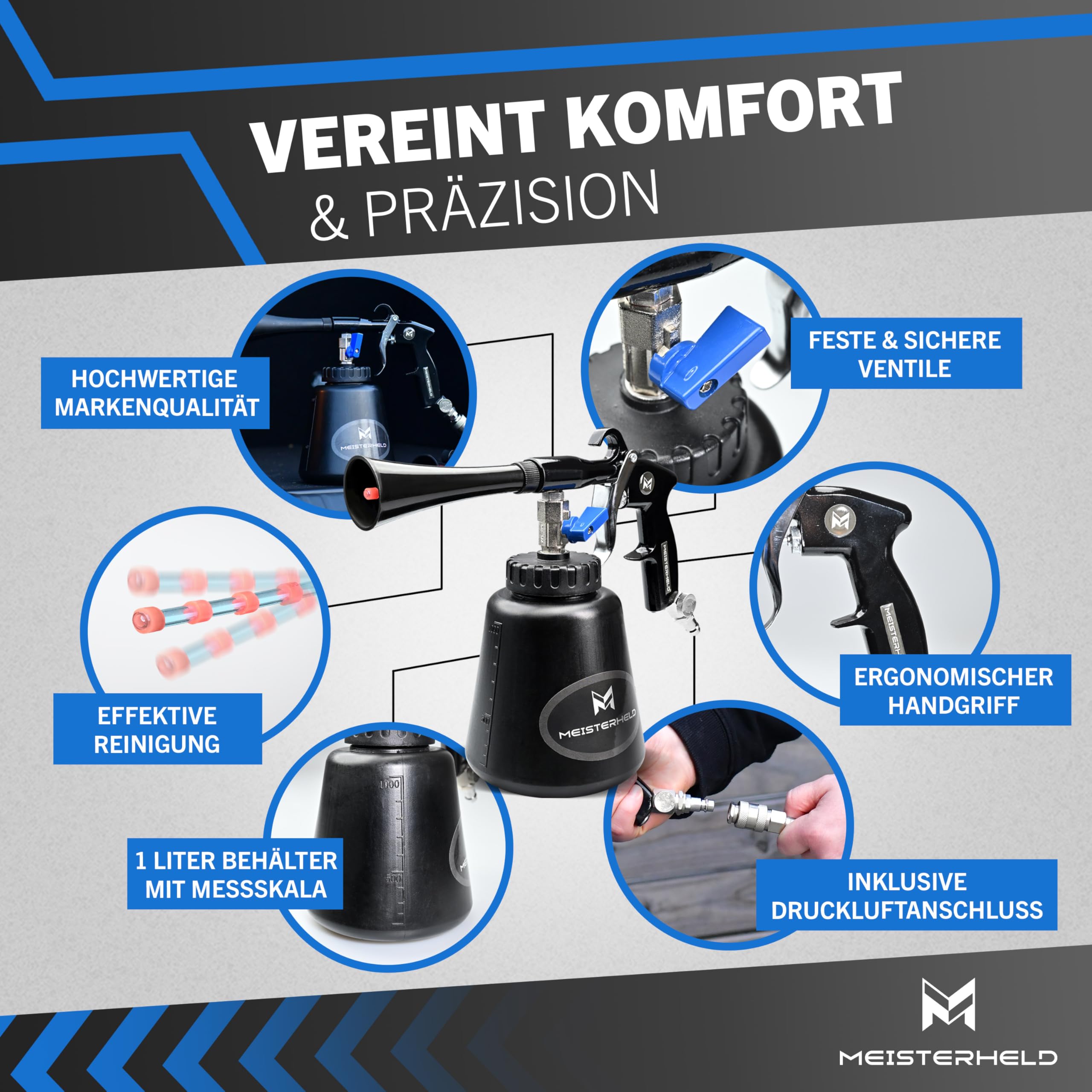 Druckluftreinigungspistole - präziser Trocken- & Nass-Reiniger für Auto, Teppich & Co - Luftdruckpistole mit Wassertank, Bürsten-Aufsatz & Dosierventile