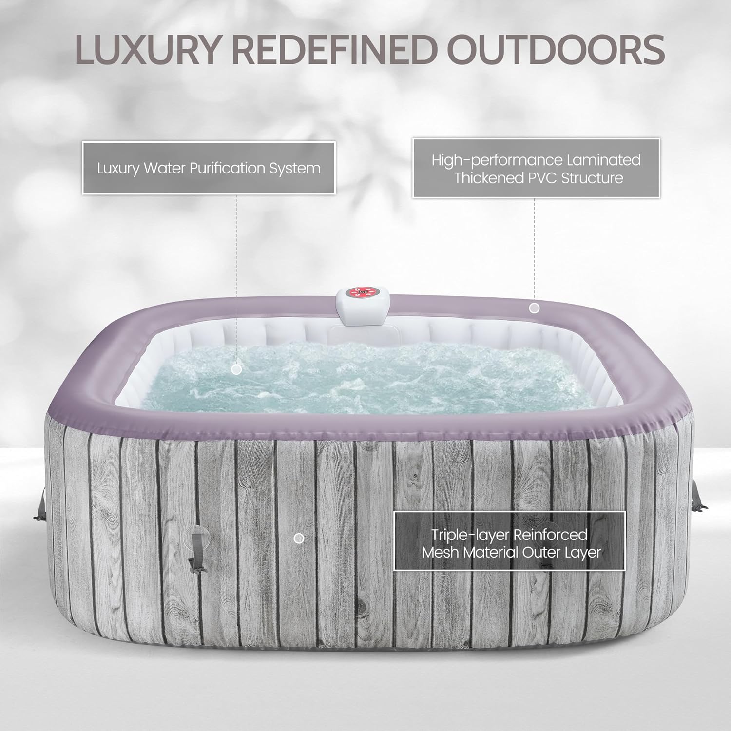 Inflatable Square Hot Tub Spa Set, Outdoor Bubble Massage Portable Hot Tubs, 4-6 Person Blow up Hot Tub with 130 Soothing Jets, Insulated Cover, Built in Heater Pump, 6 Filter Cartridges