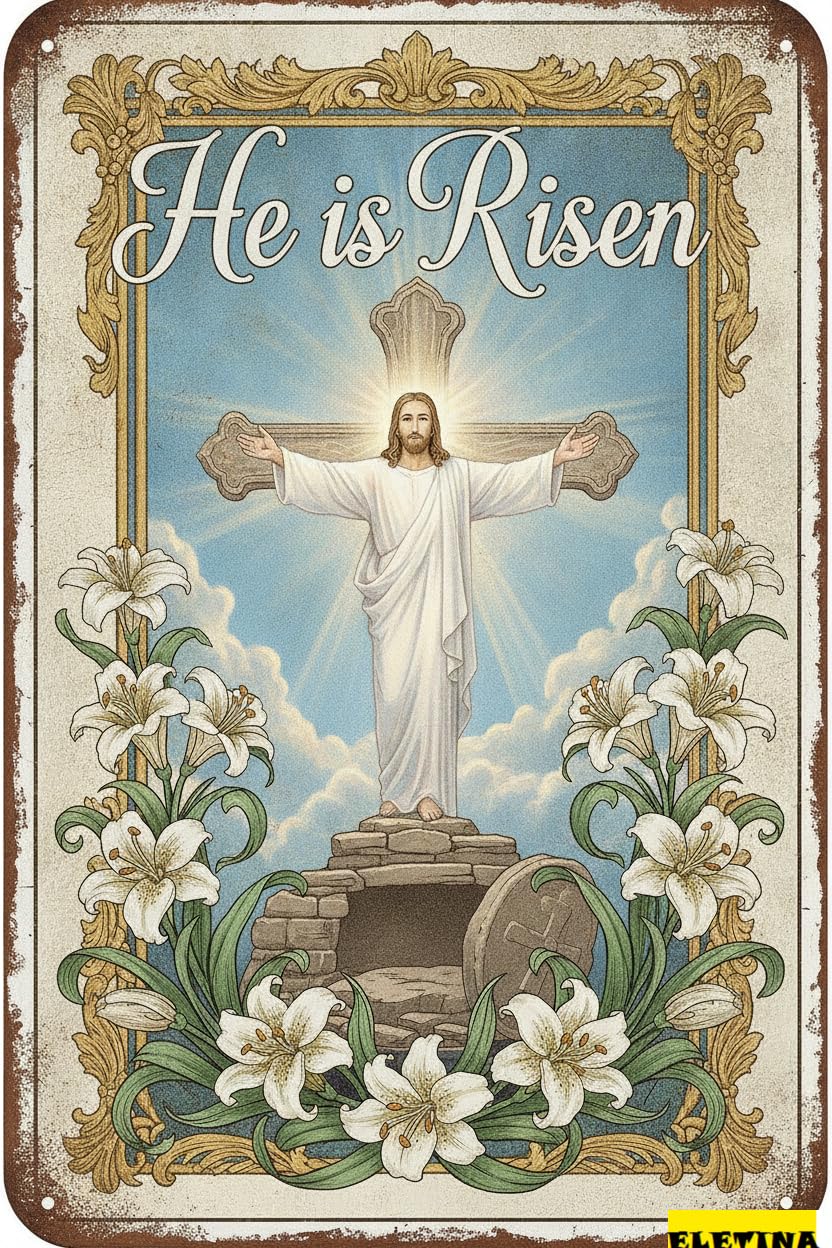 He Is Risen Easter Bible Verse Nativity Scene Retro Aluminum Metal Sign Living Room Wall Decor 8x12in