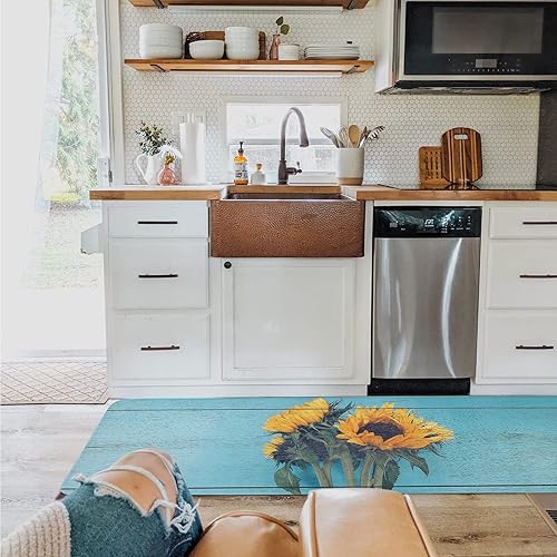 Miniatura 2 de Juego de 2 tapetes de cocina con diseño de girasoles, cómodos y suaves para granja, alfombras de cocina y pasillo, tablero de madera azul