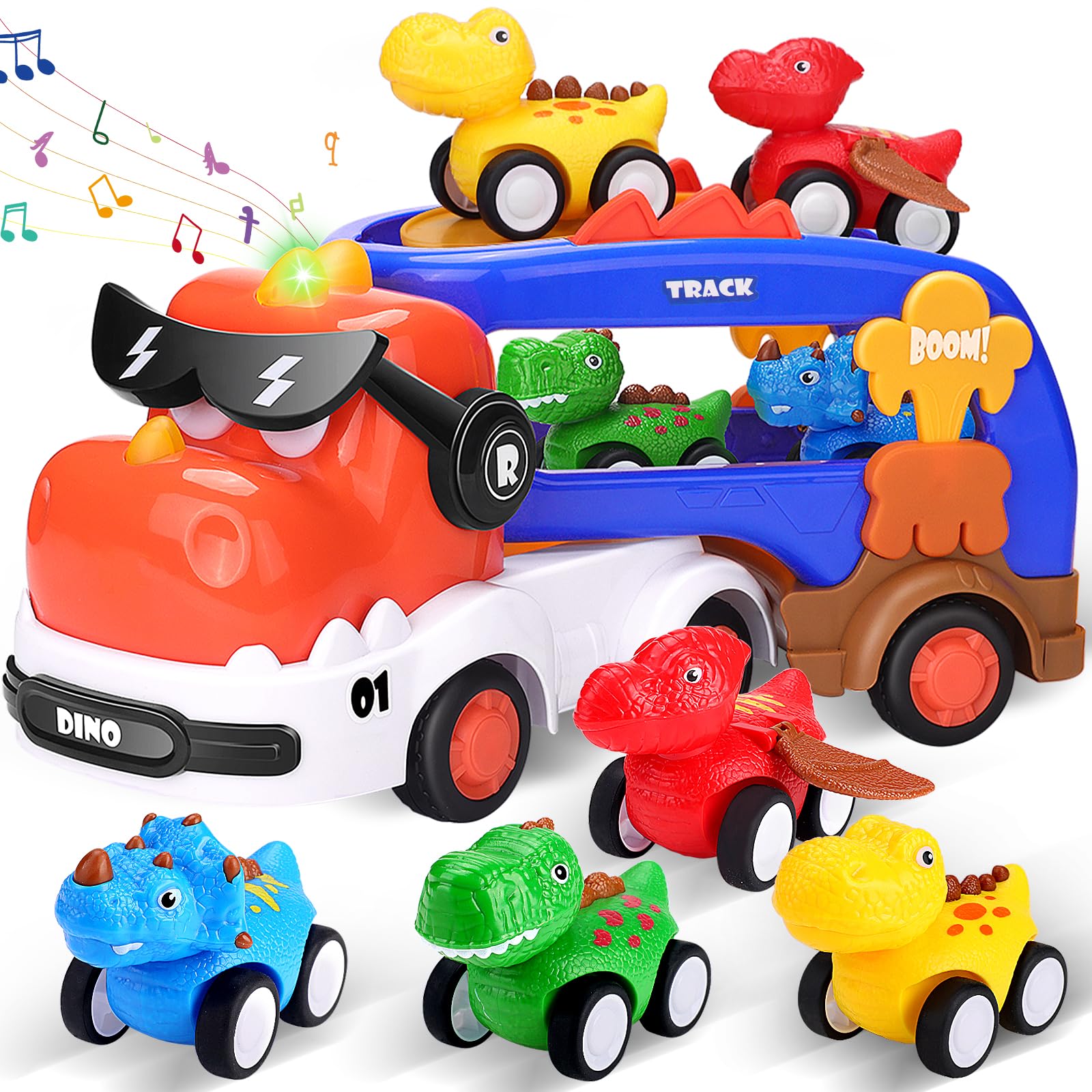 5-in-1 Dinosaur Toys for Kids 3-5, Dinosaur Truck with 4 Pack Small Pull Back Dino Car, Dinosaur Cars Set, Birthday, Big Trucks Toys for 3 + Year Old Boy and Girl -Red