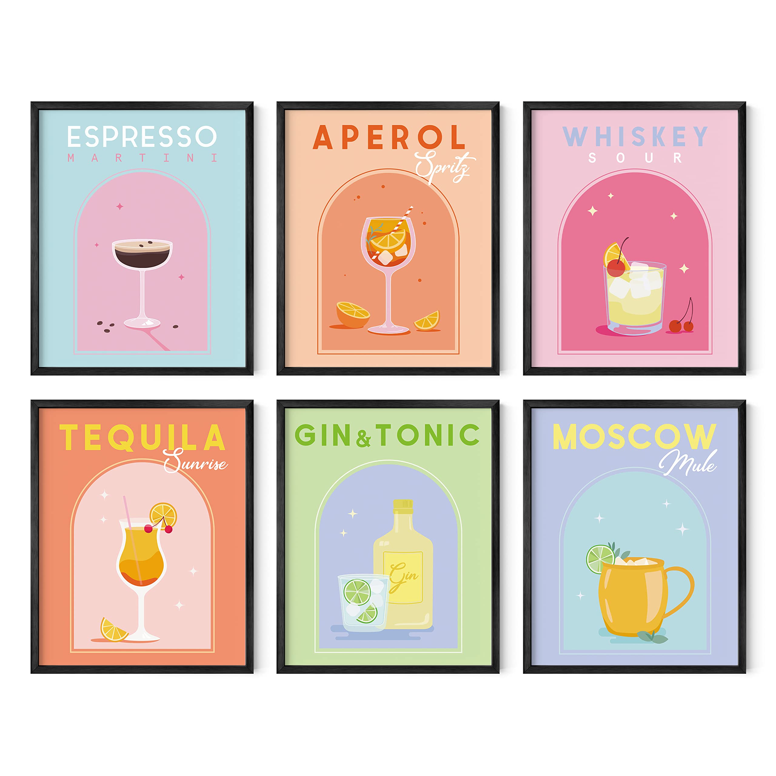 HAUS AND HUES Danish Pastel Posters Alcohol Poster - Set of 6 Aesthetic Cocktail Poster, Preppy Pictures for Wall, Funky Dorm Posters for College Girls, Colorful Bar Wall Art (8x10 Unframed)