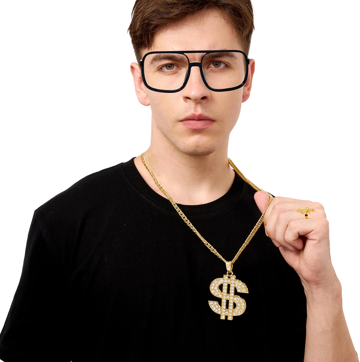 Spooktacular Creations 12 Pcs Hip Hop Costume Kit, 80s 90s Rapper Fake Gold Chain Necklace Dollar Sign Accessories Outfit for Men Women Halloween Old School Rapper Cosplay Themed Party Supplies - Image 7