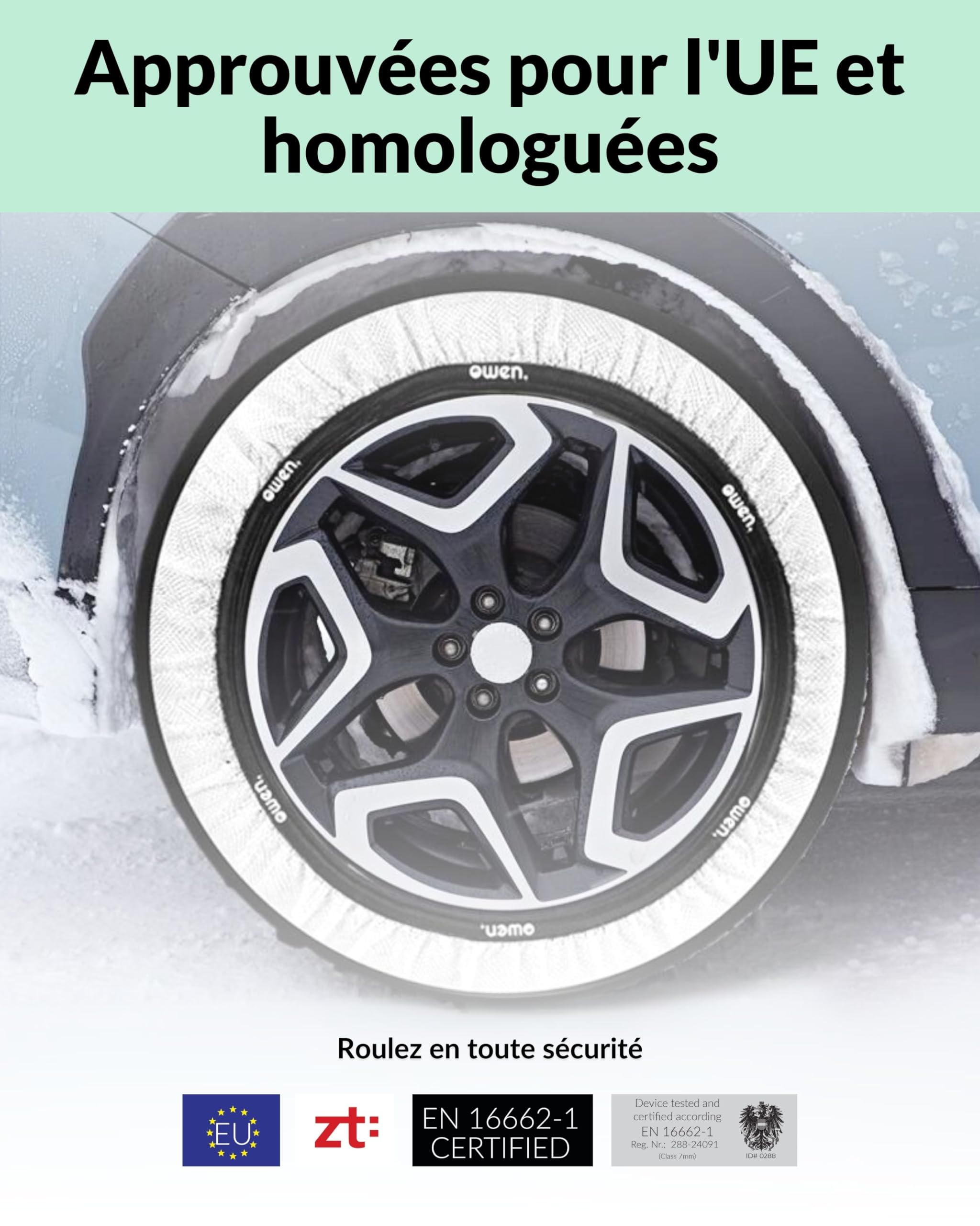 OWEN chaînes à neige textiles XS-XXL | Lot de 2 | Homologuées EN 16662-1 | Tissu 3D breveté pour traction maximale sur neige et glace | Protection ABS/ESP | Montage facile en 2 minutes (M)