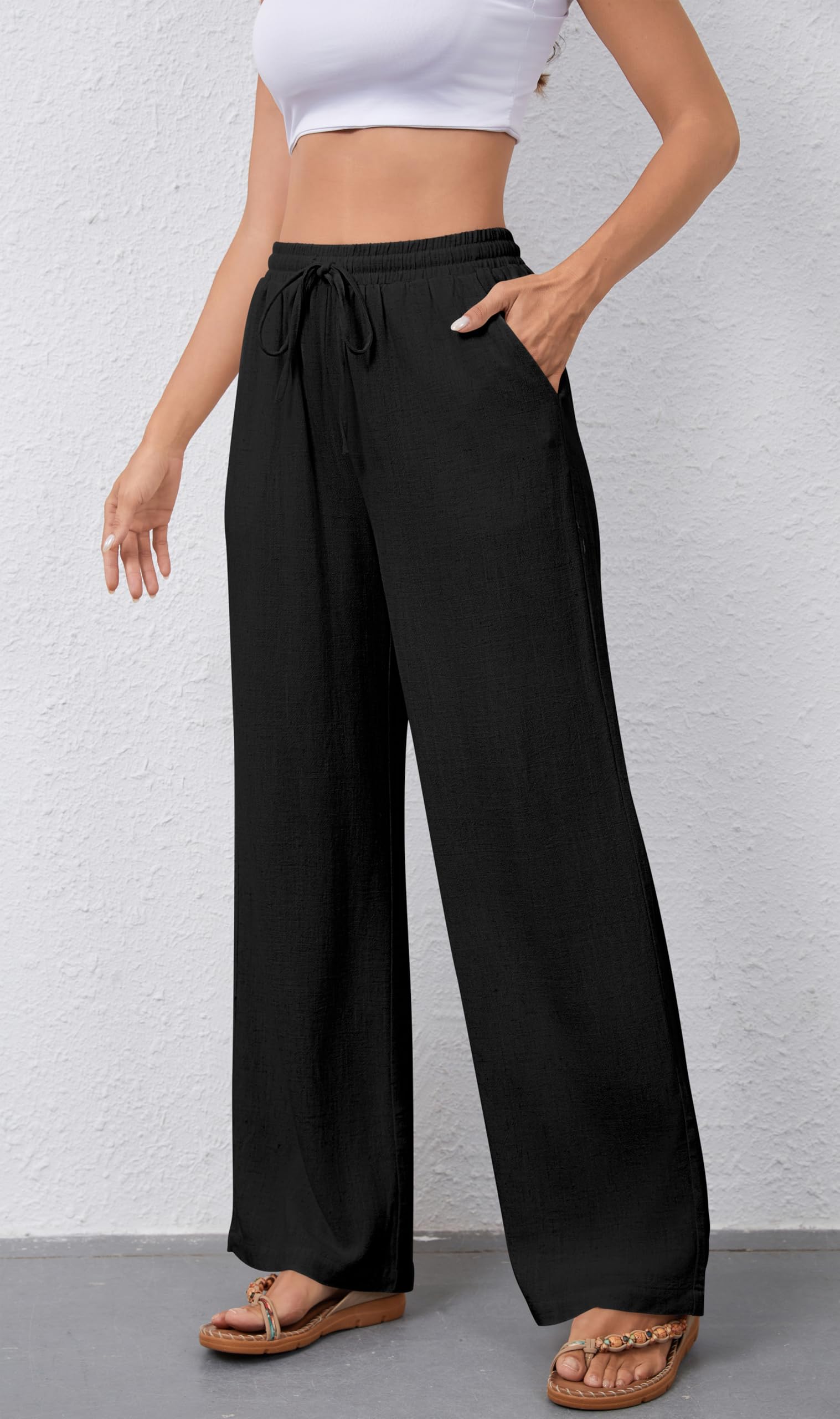 NONSAR Pantalon pour Femme en Coton avec Cordon de Serrage Pantalon en Lin Taille élastique Décontracté Coupe Ample Jambes Larges avec Poches Léger Couleur Unie Pantalon de Plage