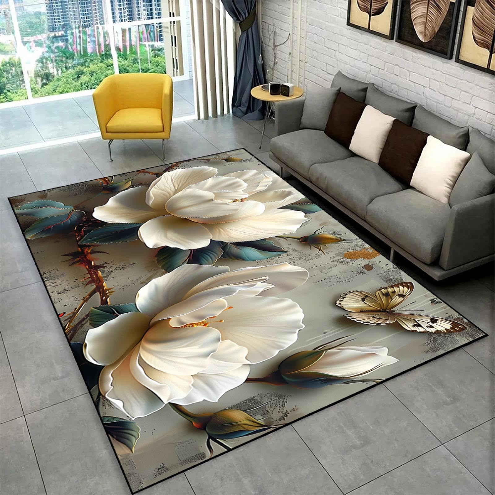 Alfombra con estampado de flores lavable y antideslizante para salon de 80x120cm