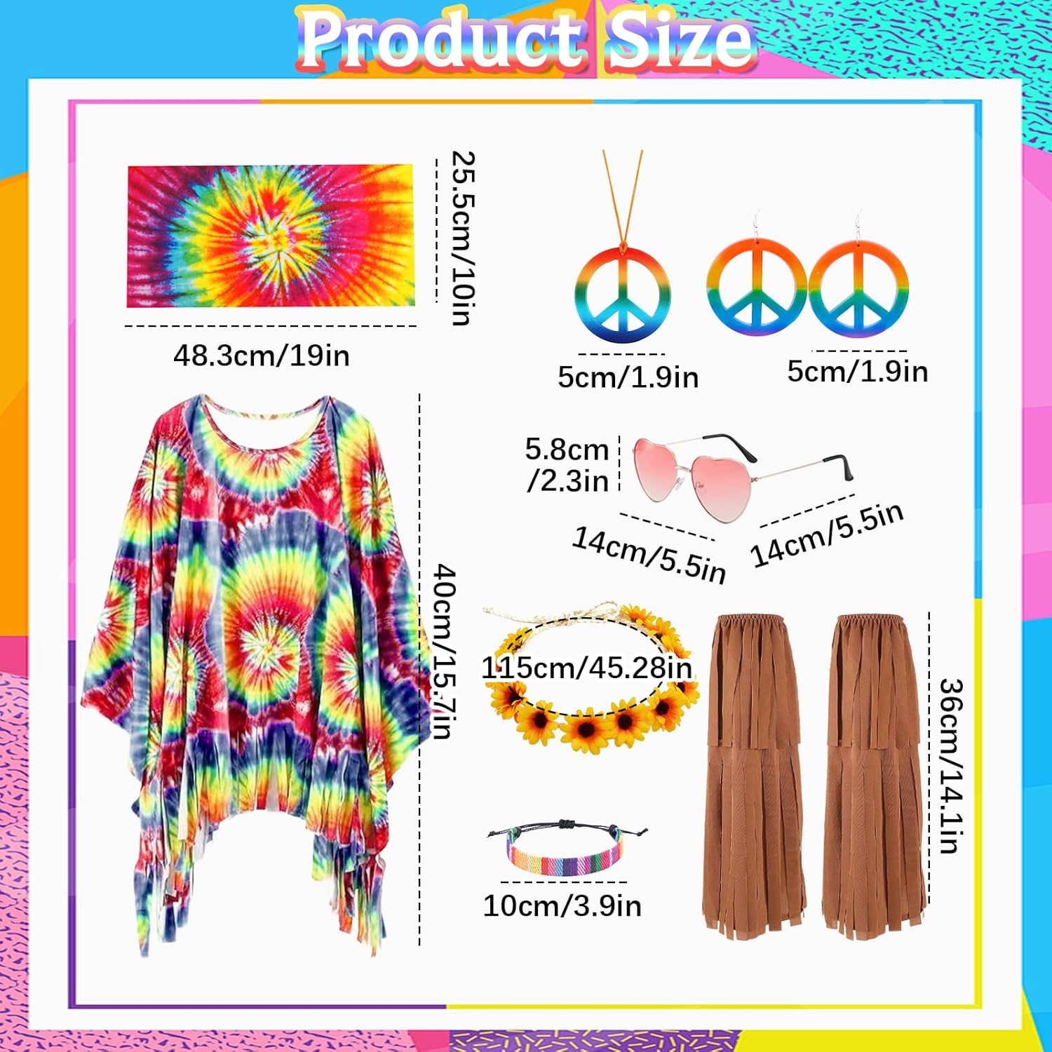 Carreuty 8 Pcs 70s Hippie Costume for Women 60s Outfits for Women Accessories Set Fringe Leg Covers Peace Necklace Earrings Sunglasses Hand Rope Retro Disco Fancy Dress for Cosplay Party