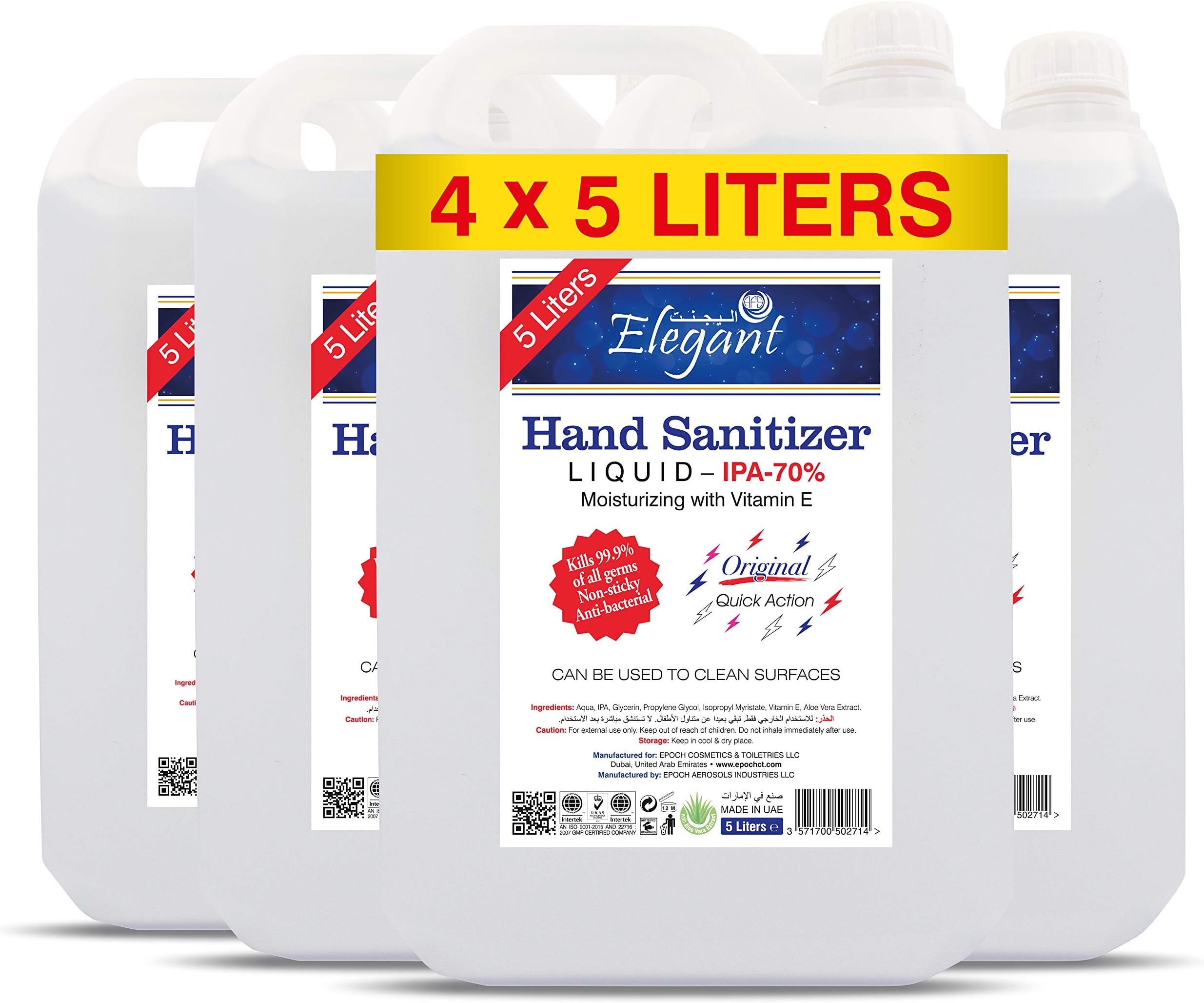 โ Elegant Hand Sanitizer Liquid Refill โ 5 liter โ Pack of 4 โ 70% IPA โ Extra Hygienic โ Moisturizers & Vitamin E