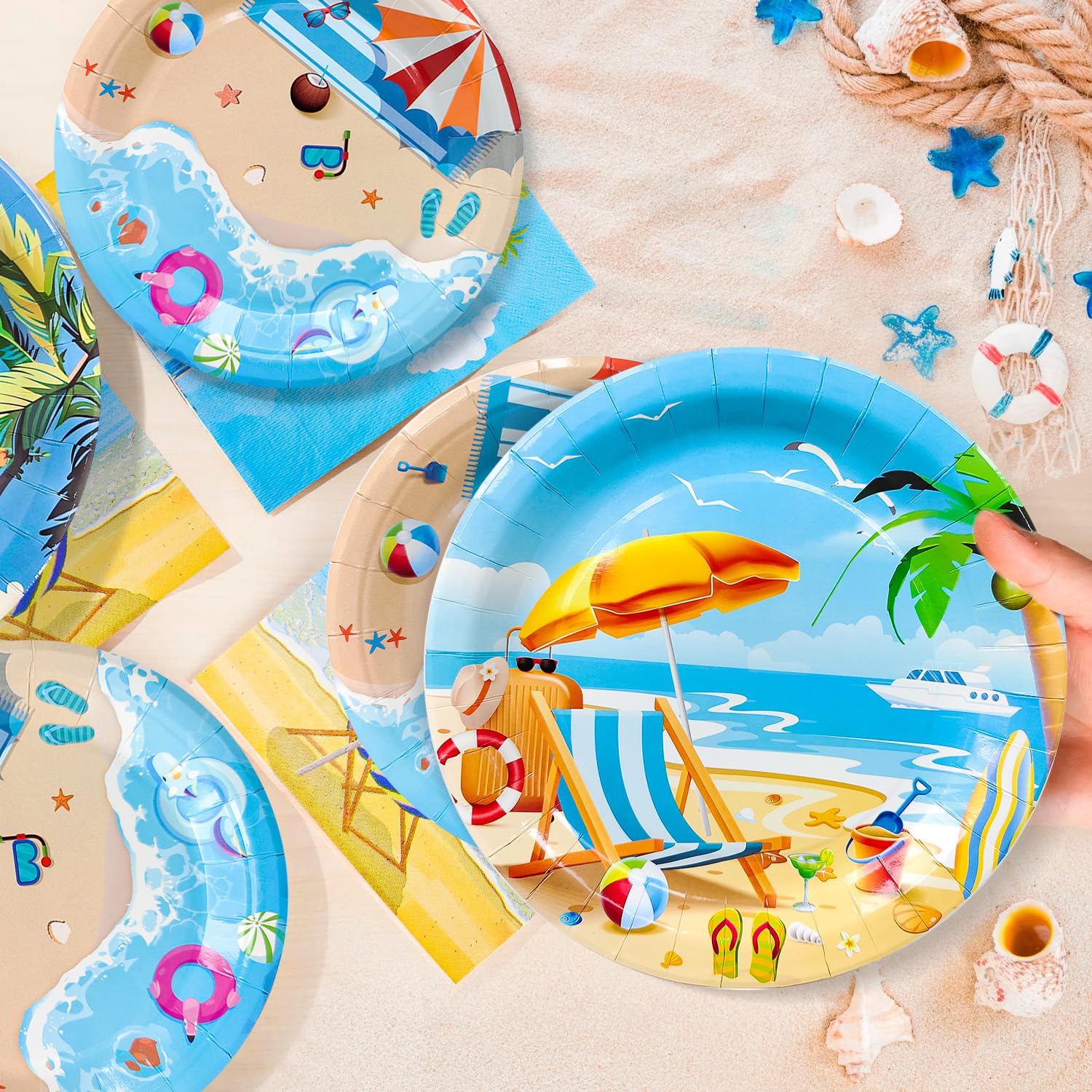 Forniture Estive per Feste in Spiaggia, 20 Ospiti Set per Feste in Mare Comprende Piatti di Carta a Tema Spiaggia, Bicchieri, Tovaglioli, Tovaglie Decorazioni per Feste di Compleanno in Mare