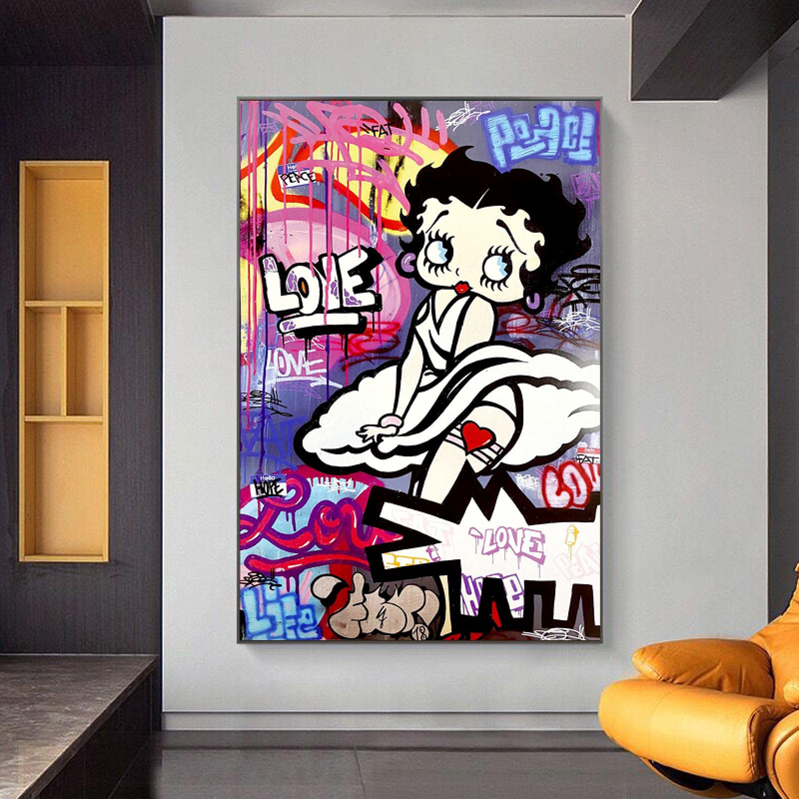 Tela stampata Graffiti Betty Boop Wall Art Street Cartoon Girl Poster Stampa Immagine da parete Soggiorno Decorazione della casa 40x60cm Cornice interna