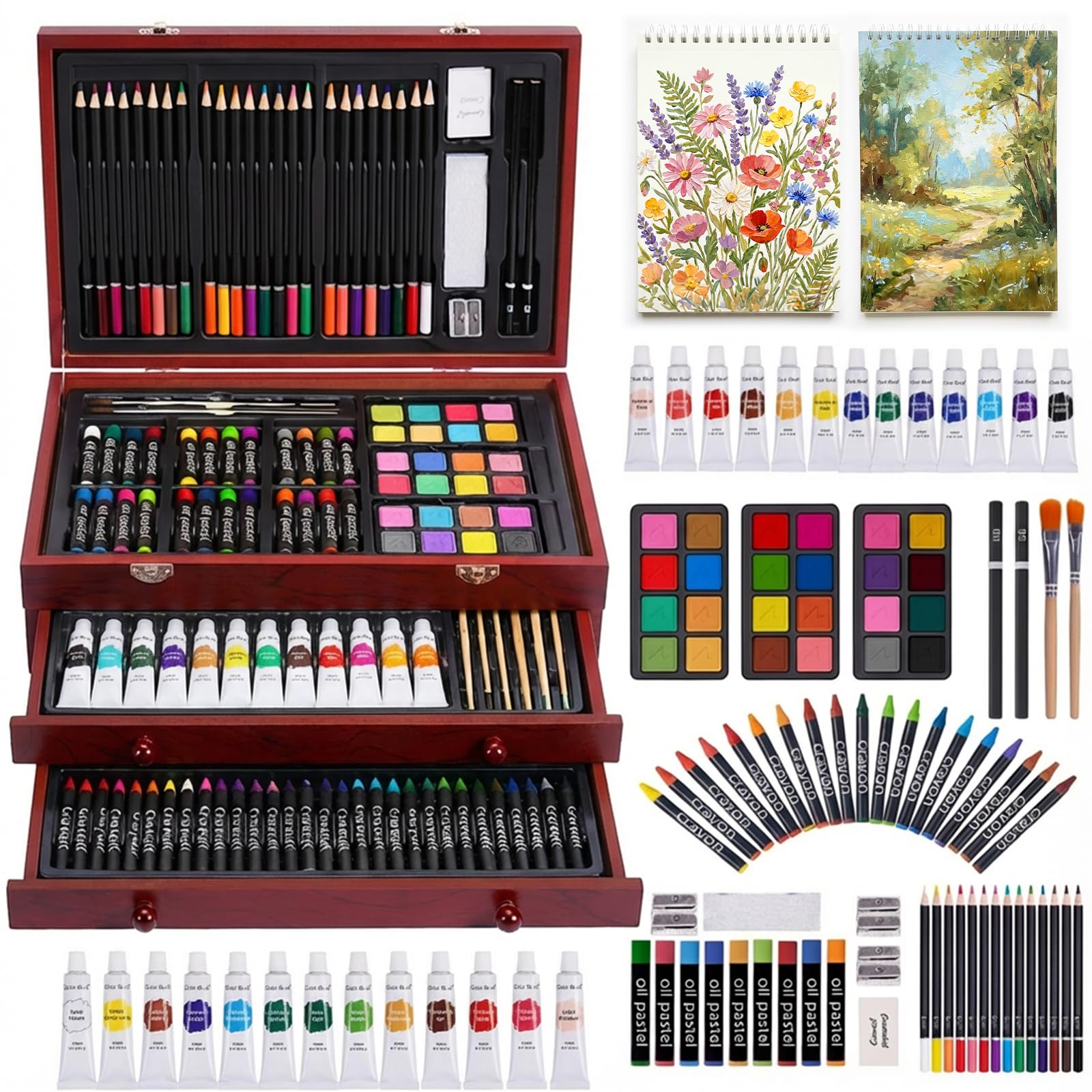 Color More Art Supplies, 175-Pack Deluxe Art Set Drawing Painting Kit with 2 Drawing Pads, Acrylic Paints, Colored Pencils, Crayons, Art Kit in Wooden Case, Gift for Artist, Adults, Teens and Kids