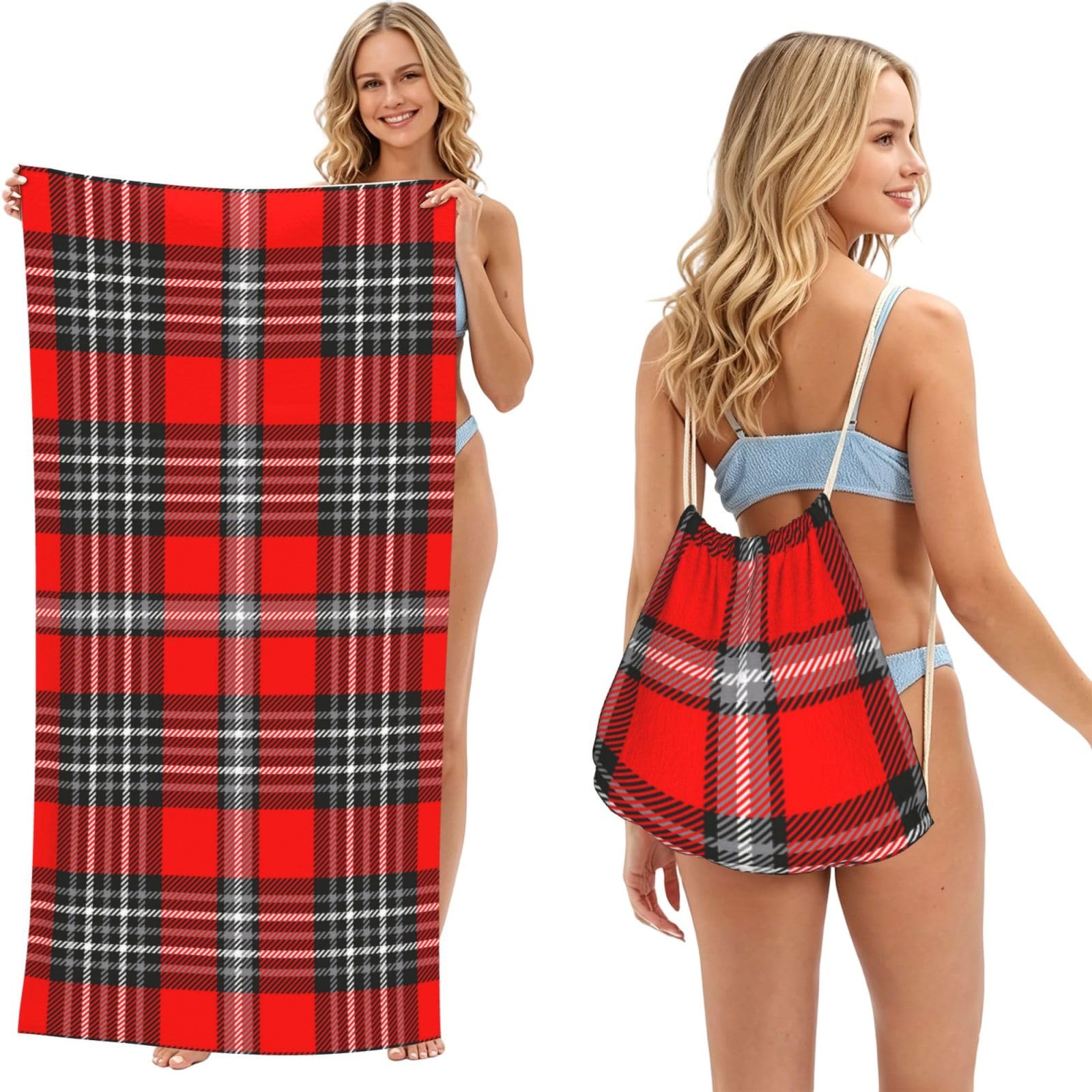 Poadnly As Picture Plaid Check, 2 In 1 Packable Towel Bag, Beach Towels With Drawstring Backpack For Travel Holiday Camping