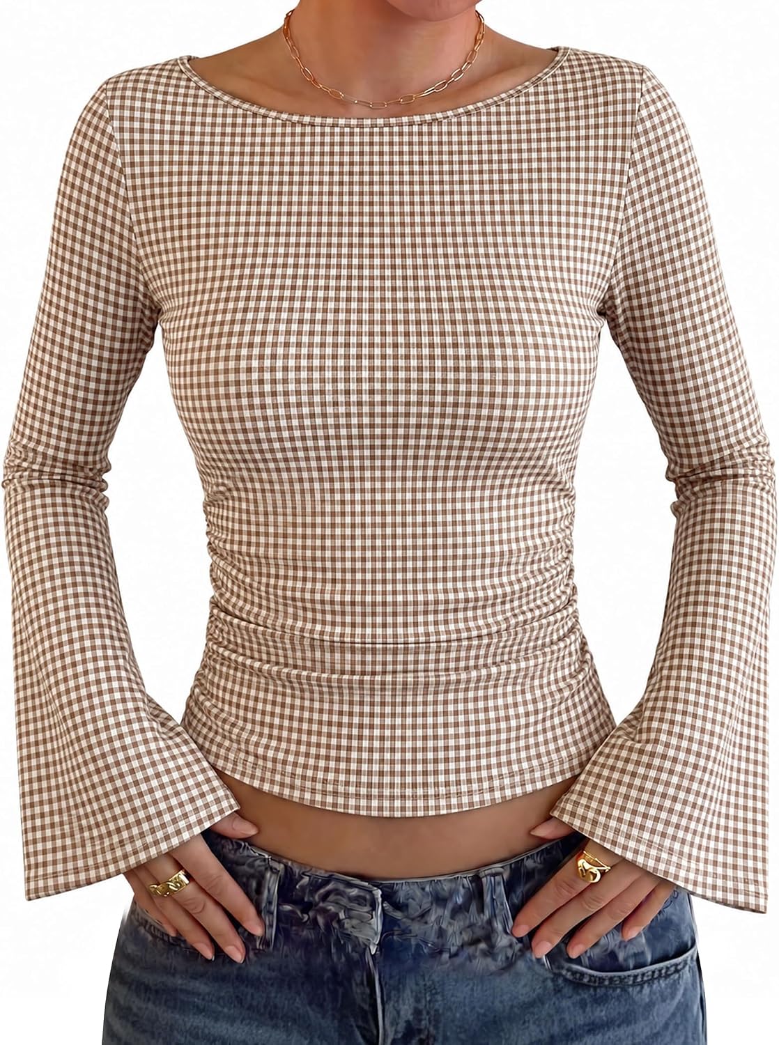 WIHOLL Early Fall Fashion 2026 Bell Long Sleeve Going Out Crop Tops Plaid S