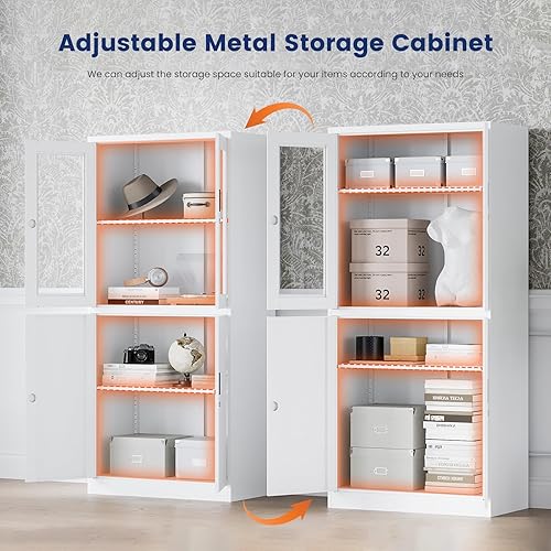 Miniatura 4 de Yizosh Armario de almacenamiento de metal con puertas de cristal, gabinete de exhibición de 71 pulgadas con bloqueo con 2 estantes ajustables,