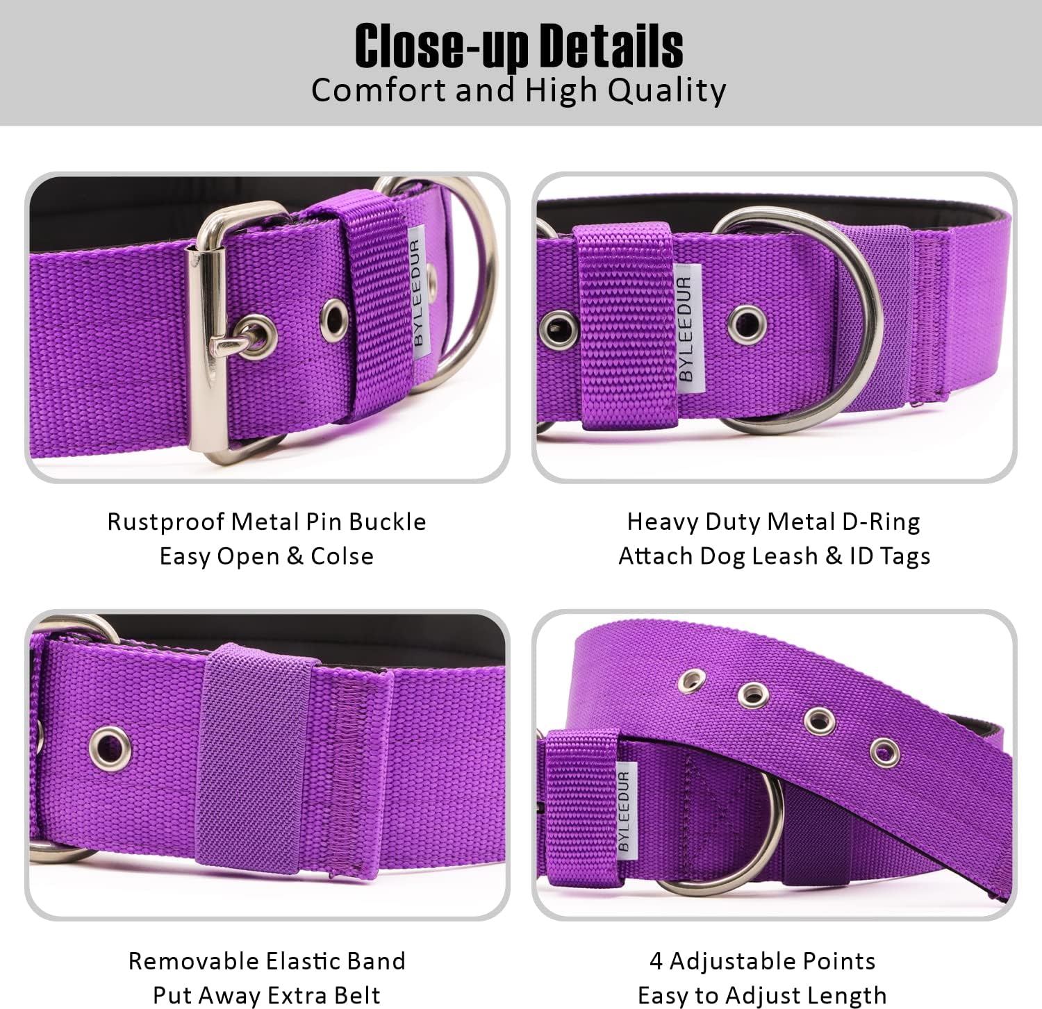 1.57" Combat Dog Collar with Double Metal D Ring Buckle, for Tactical Military Training, Adjustable, Durable Nylon (L(20''-23''), Purple)