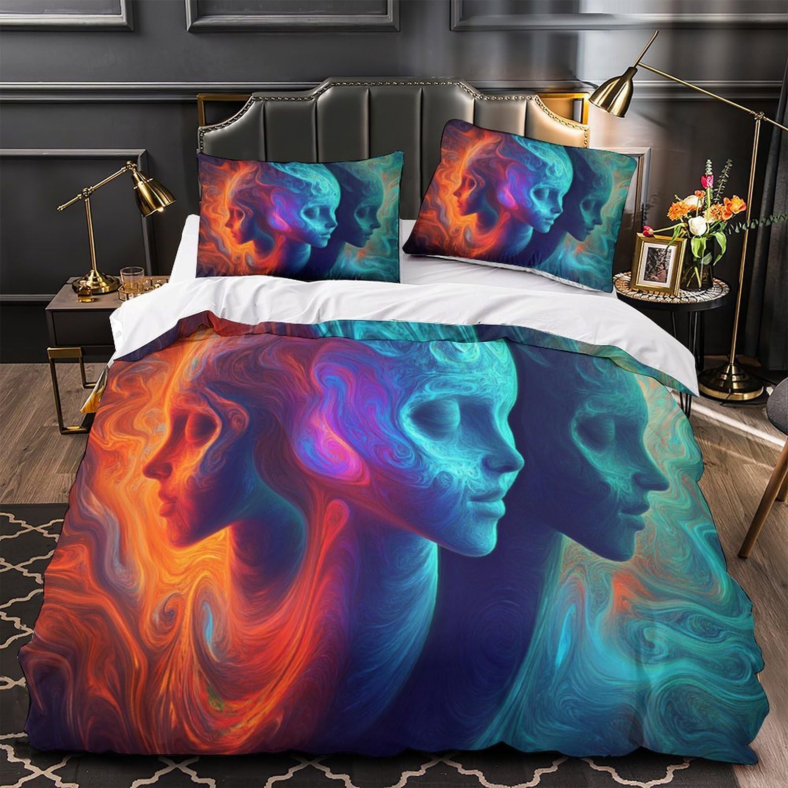 Housse de couette visage abstrait en microfibre anti-tache respirante Super King
