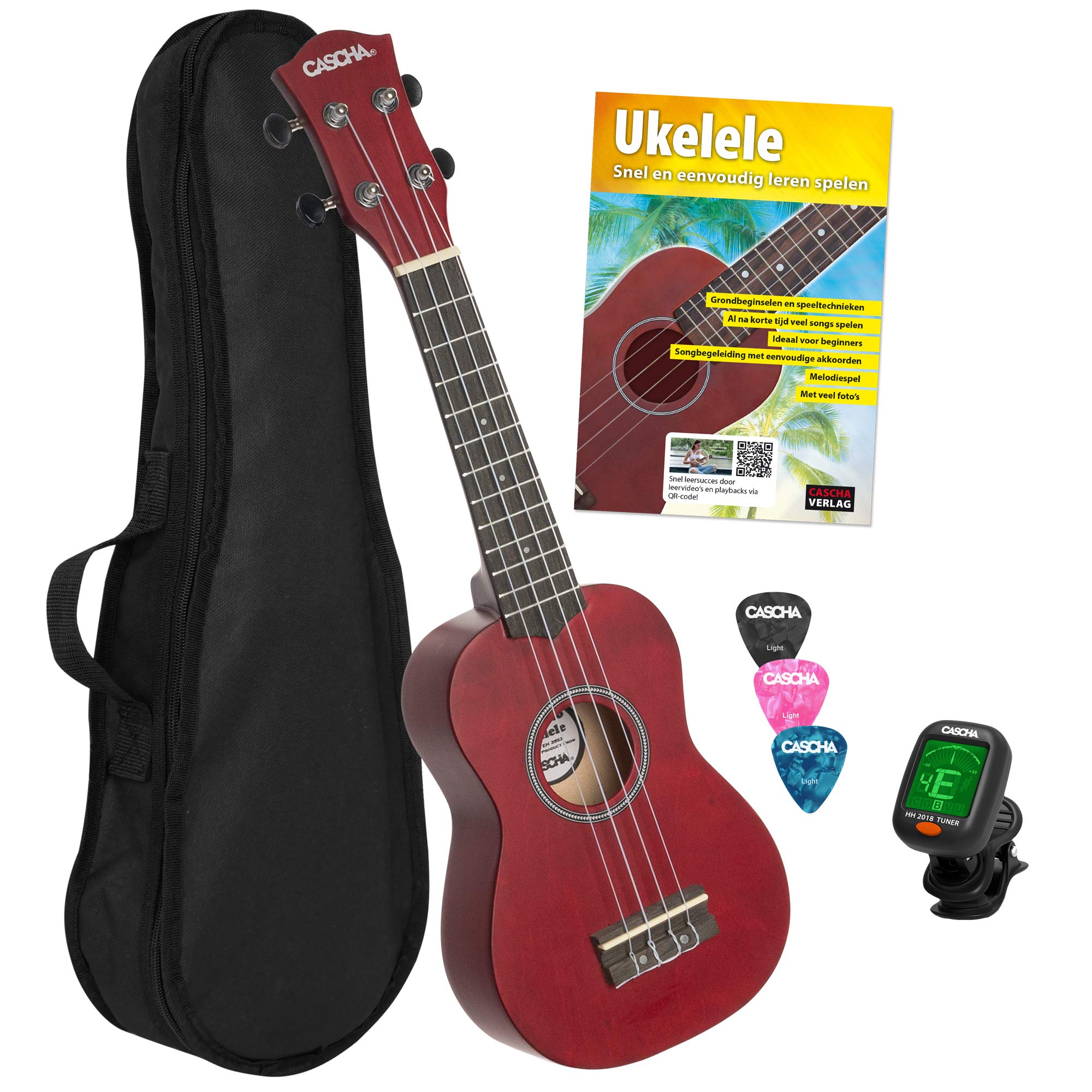 CASCHA Sopran Ukulele Set Niederländisch - für Kinder & Erwachsene I Starter Kit mit 3 Plektren Tasche holländisches Lehrbuch mit DVD Stimmgerät I Aquila Saiten Nylon I Kleine Hawaii Gitarre Rot
