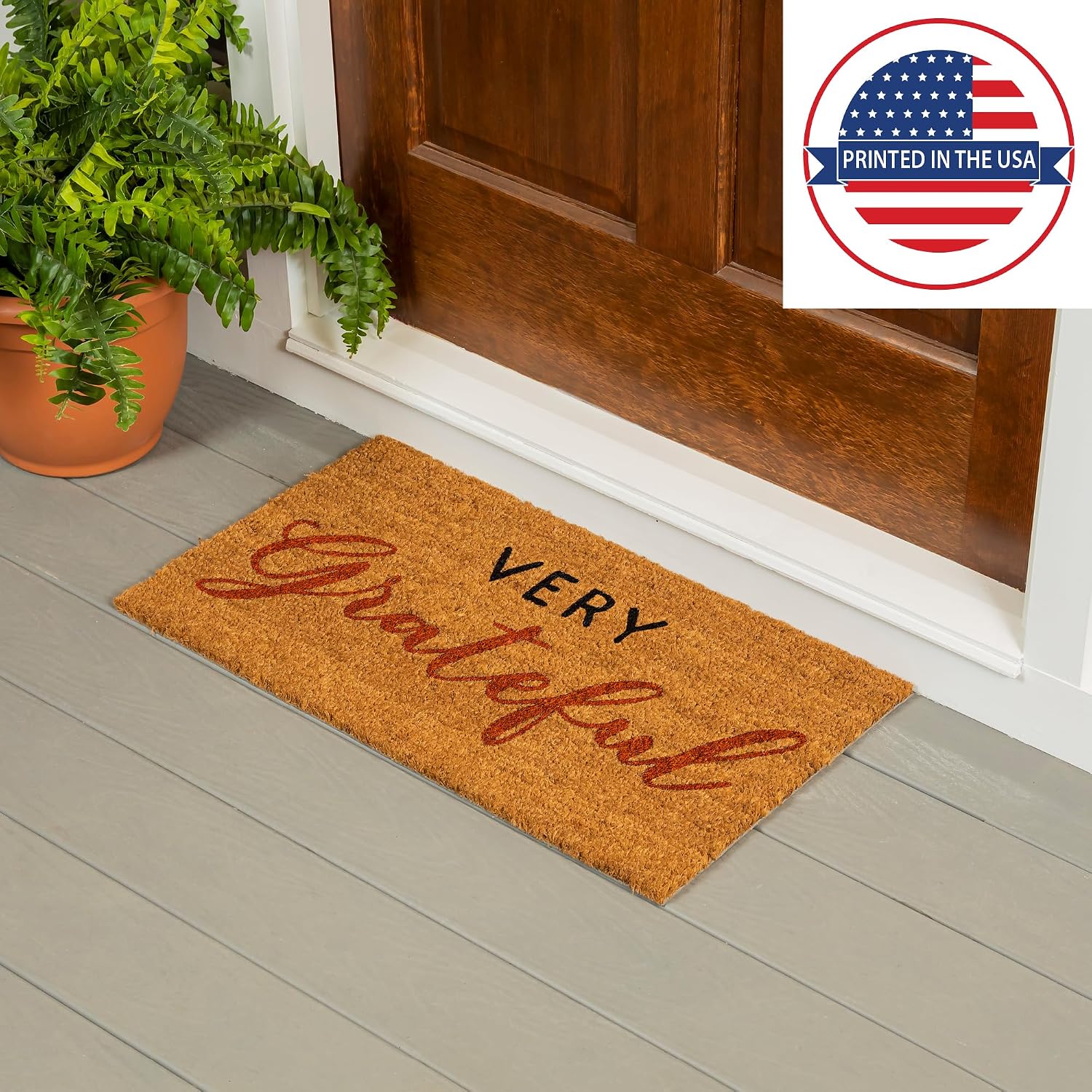 Evergreen Flag Funny Welcome Coir Doormat | Everyday 28" x 16" Front Door Mat Outdoor Entrance | No Slip Door Rugs Entryway Indoor | Very Grateful
