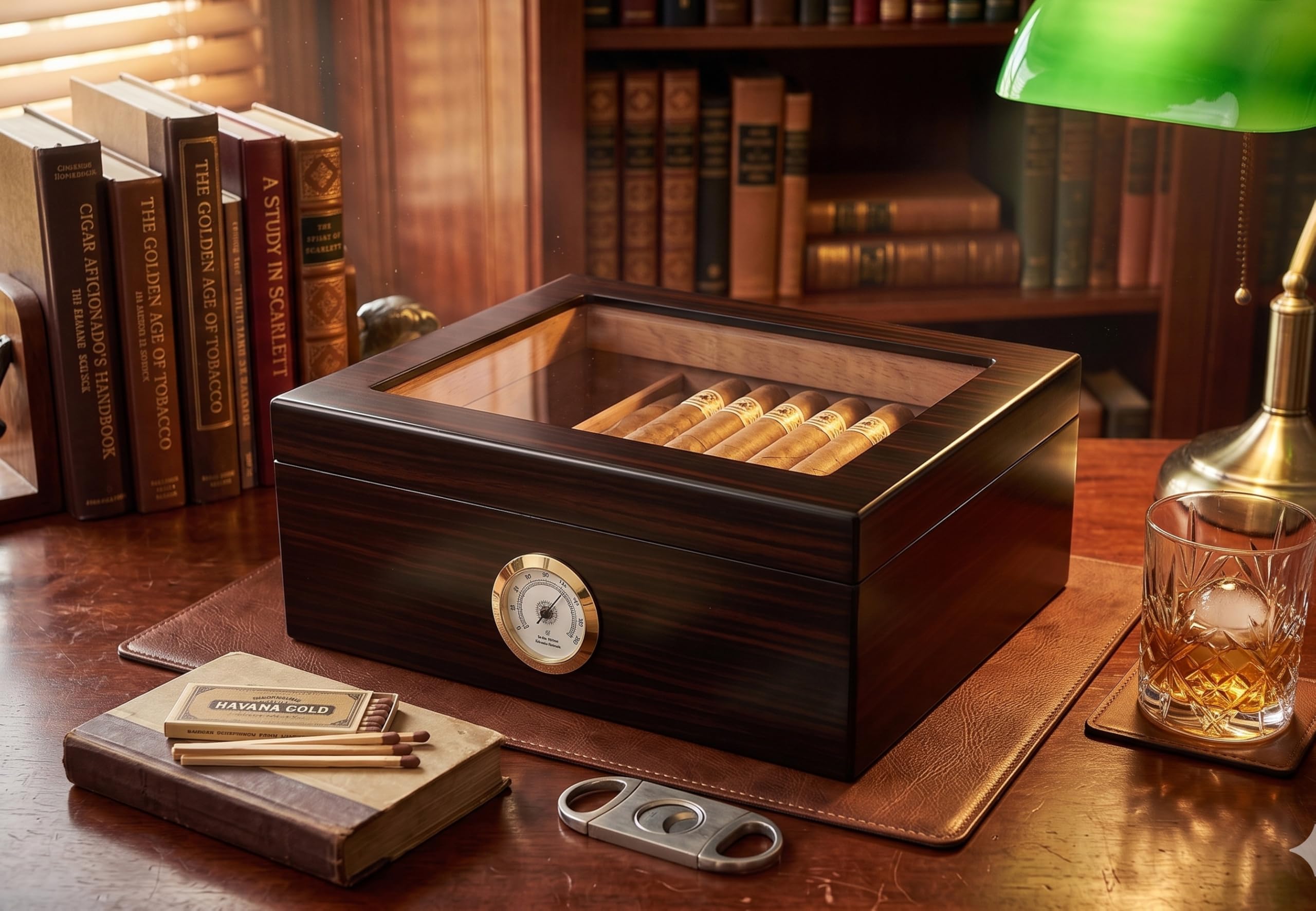 Humidor de Puros Classic Desk con Capacidad para 25-50 cigarros, Caja de Almacenamiento de Madera de Cedro Español Hecha a Mano con Separador, Humidificador e Higrómetro,Negro