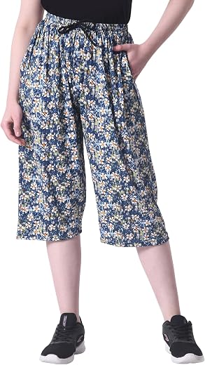 indi weaves Women Loose Fit Printed Capri Pants with Elastic Waist Band and Drawstring Comfortable Casual Wear Capri Light...