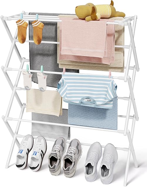 Sakugi 3 Tier Clothes Drying Rack, Foldable Clothes Drying Rack with Non-Slip Feet, Portable Laundry Drying Rack for Clothing, Indoor & Outdoor Use, 73.5 x 29 x 95 cm, White