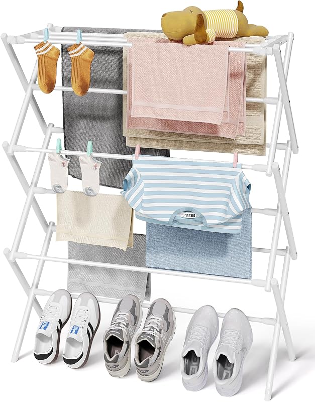 Foldable 3-Tier Clothes Drying Rack 37.4" H with Non-Slip Feet | Indoor & Outdoor Use, Space Saving, Metal Frame, 11.4" D x 29.1" W, White
