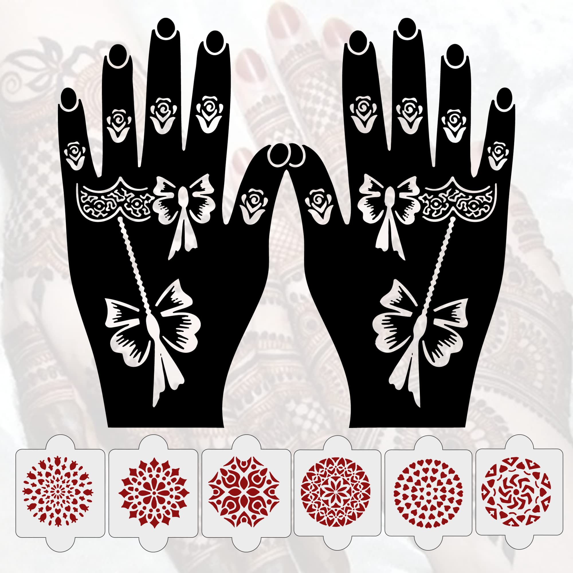 Ivana's Pack of 8 Pcs (2 Pcs Heena Stencil Tatto + 6 Pcs Laser Cut PVC Reusable Heena Stencils), Heena Mehandi Sticker,Mehandi Stickers for Full Hand for Women, Girls and Kids, Easy to Apply,IVNH-1101-picture-40