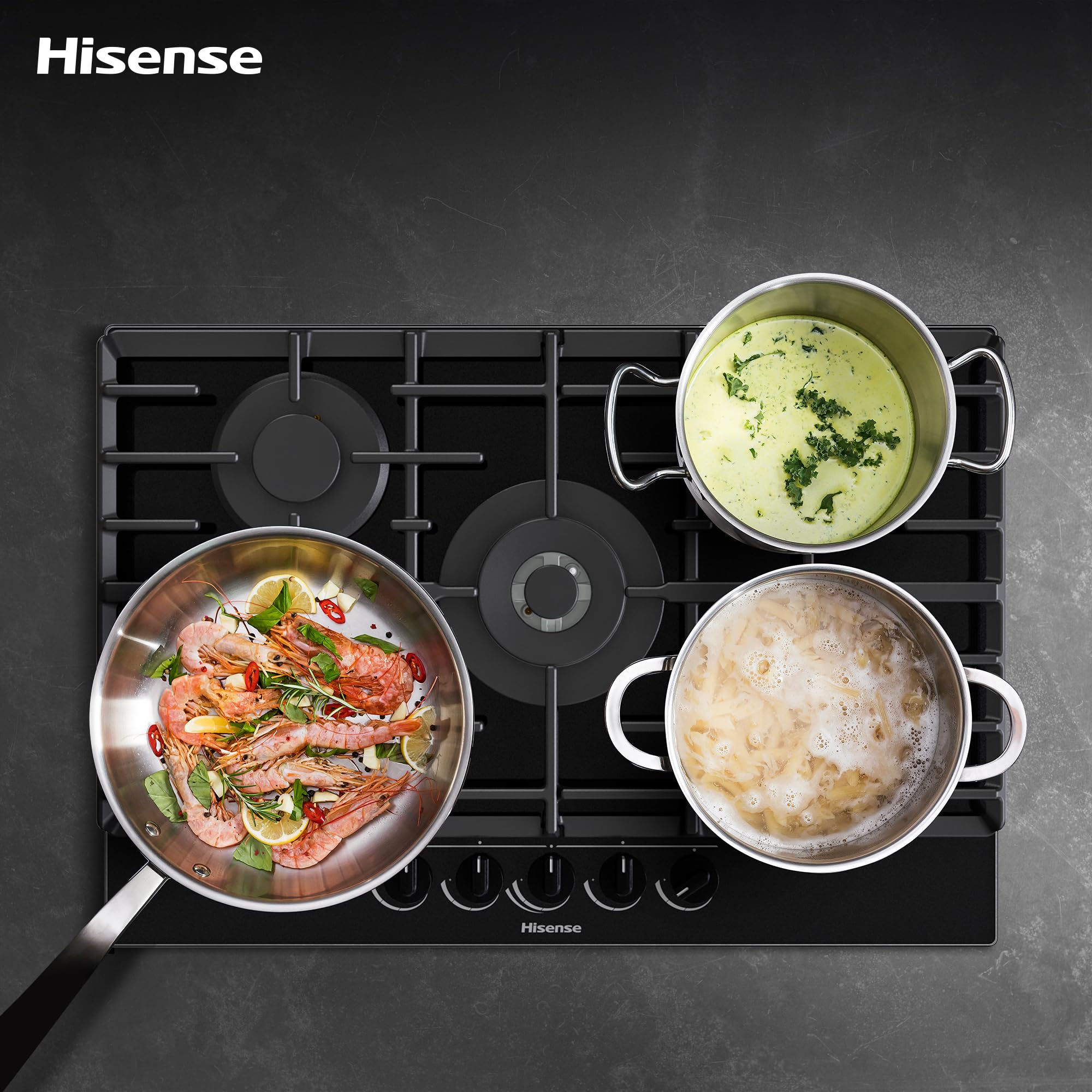 Hisense GG773B - Placa de Gas 5 Zonas, 1000W, Fondo 52cm, 5 Quemadores de Gas, Soporte de Hierro Fundido, Encendido con una mano, Quemador Wok, Superficie de fácil limpieza, Cristal Negro
