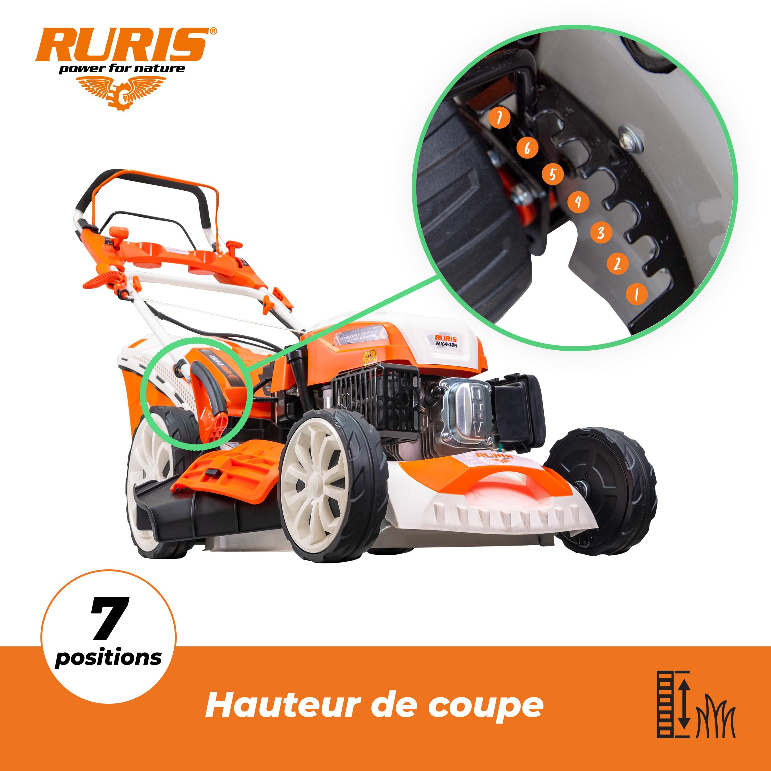 RURIS RX441S Tondeuse Thermique 5,7 CV 51 cm Demarrage Electric 5 Fonctions