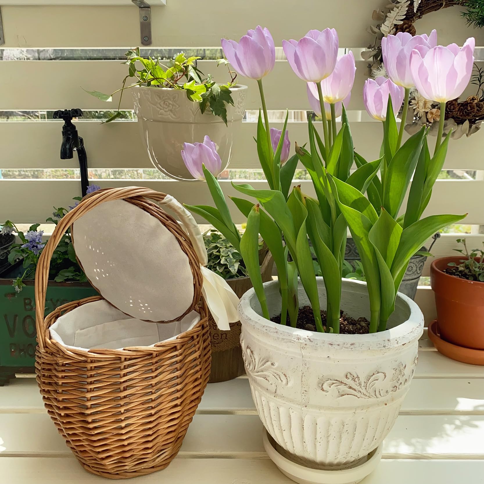 1 borsa in vimini di salice naturale con coperchio (20 x 34 cm), realizzata a mano, borsa a secchiello retrò con coperchio, cestino rotondo per fiori, fioriere sospese, borsa tote in rattan