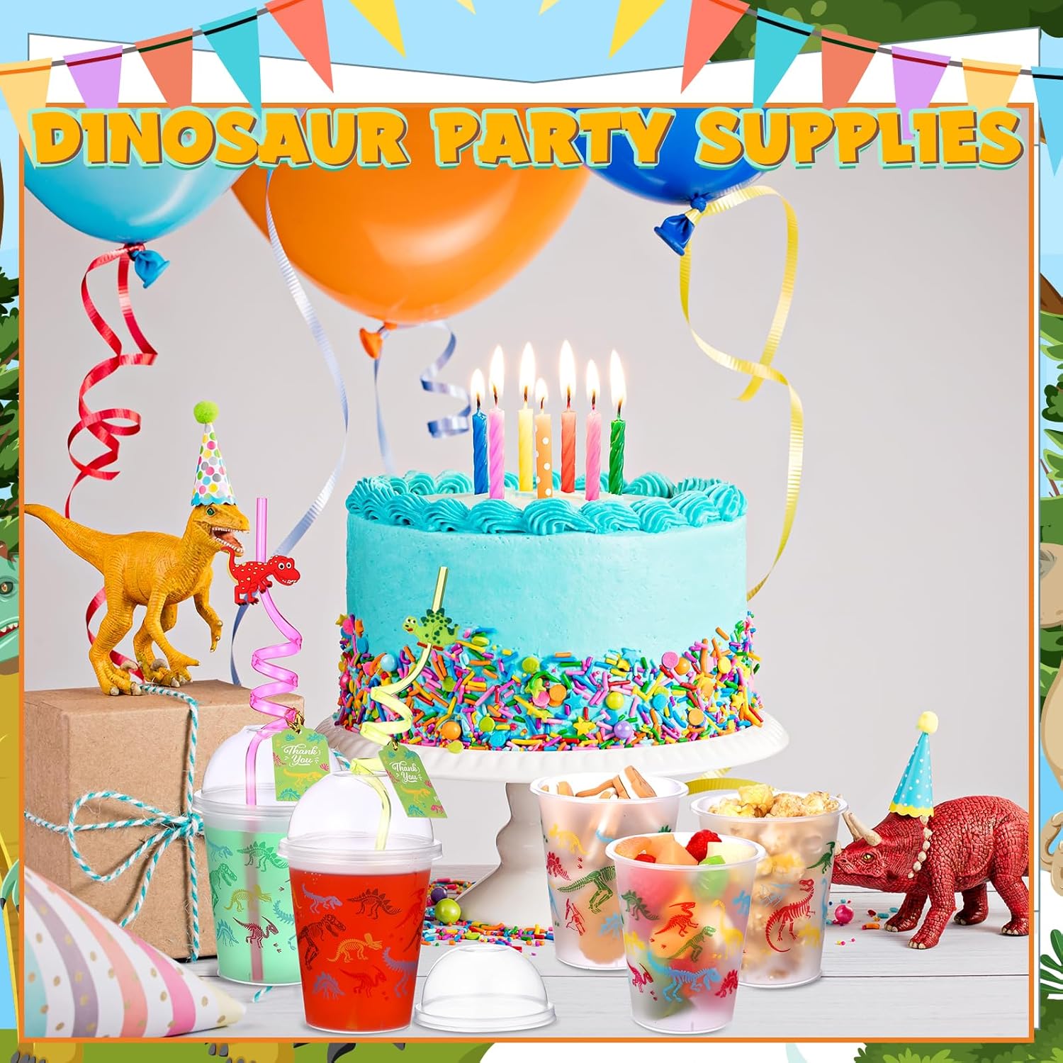 Qinyoung 48 Set Dinosaurs Party Supplies Dinosaur Cups Party Favors Goody Cups with Gift Tags 12 oz Plastic Dino Cup with Lids and Straws Set for Party Decorations - Image 3
