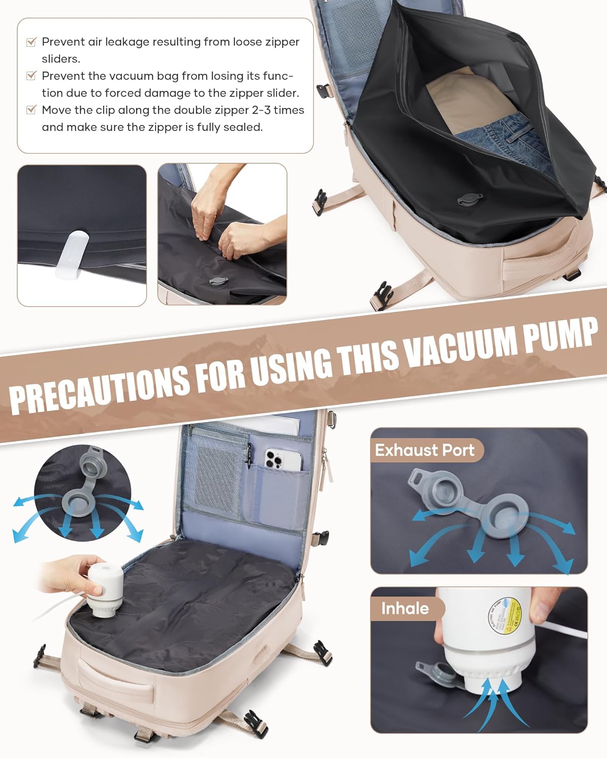 Vacuum Backpack for Men Women with Pump, Travel Backpack Carry on Flight Approved, United Airlines Personal Item Bag for Air Trip, Lightweight Waterproof Vac Space Backpacks(Beige)