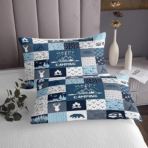 Miniatura 3 de Juego de ropa de cama Happy Camping tamaño Queen, colcha de animales de ciervo, oso de ciervo, tienda de campaña, caravana, juego de edredón para
