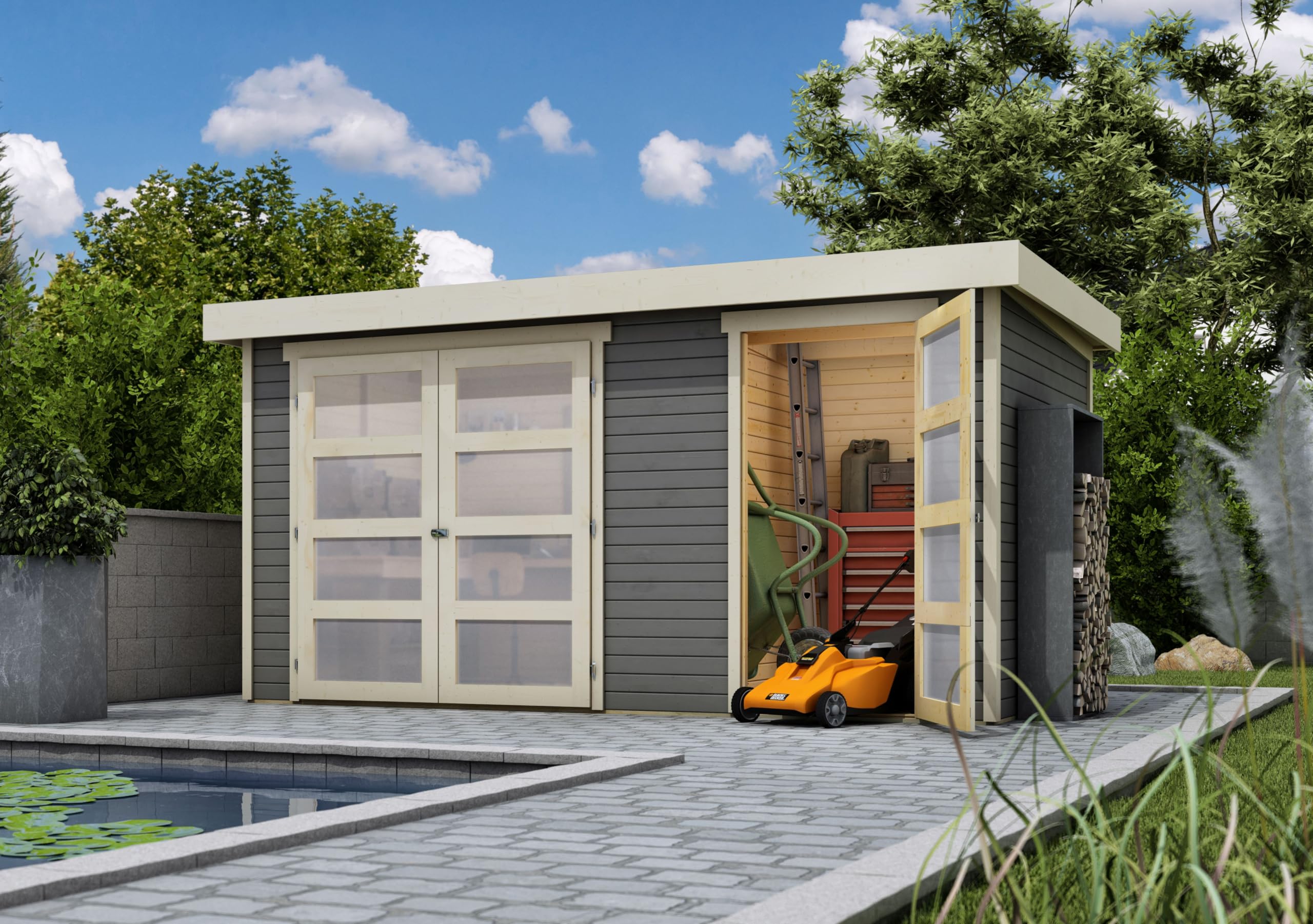 Karibu Gartenhaus Maluna 1 inkl. Fußboden & Dacheindeckung Gerätehaus Gartenlaube 19 mm Wandstärke (terragrau)