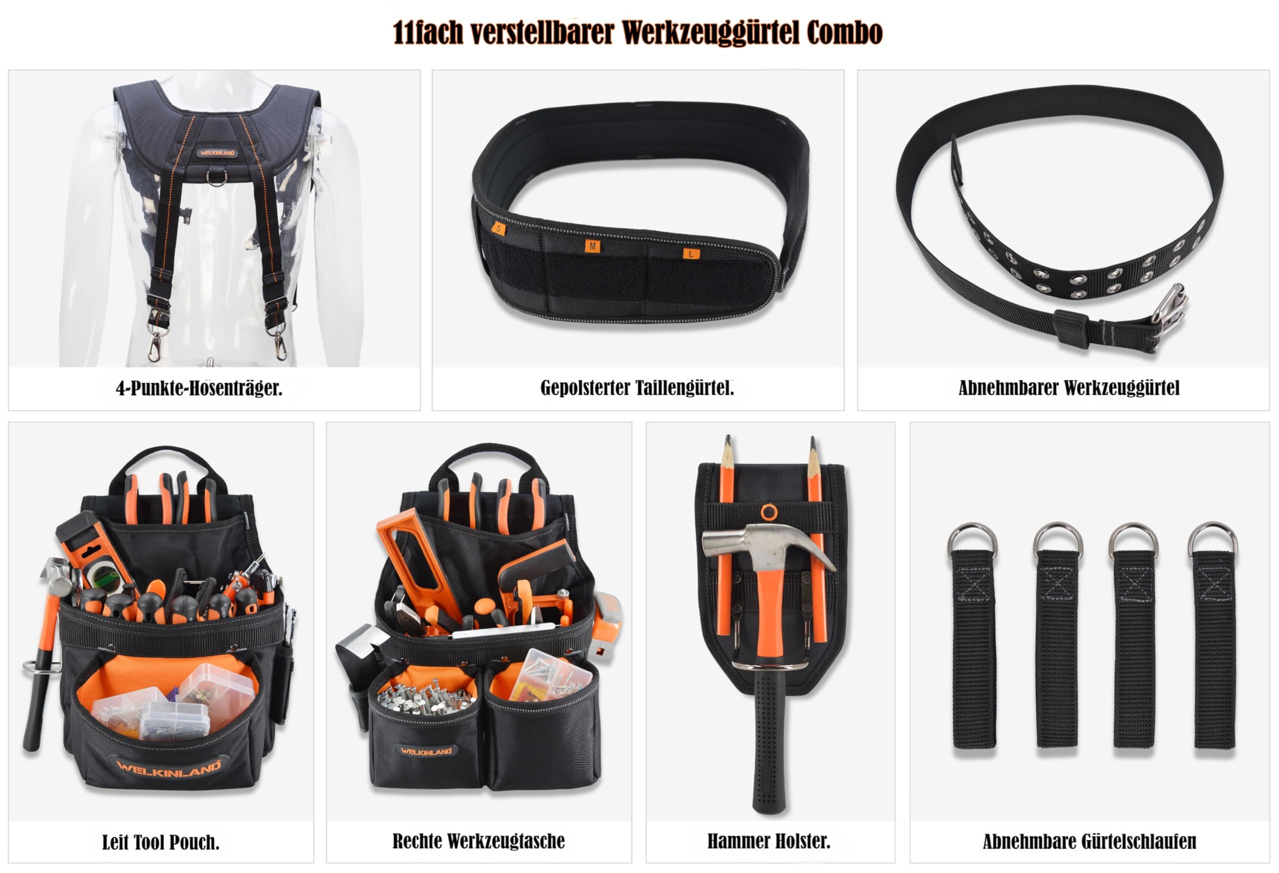 Herren-Werkzeuggürtel mit 39 Taschen und Hosenträgern, 10 cm gepolsterter Werkzeuggürtel, Zimmermannstasche, Schwarz mit Orange, Einheitsgröße