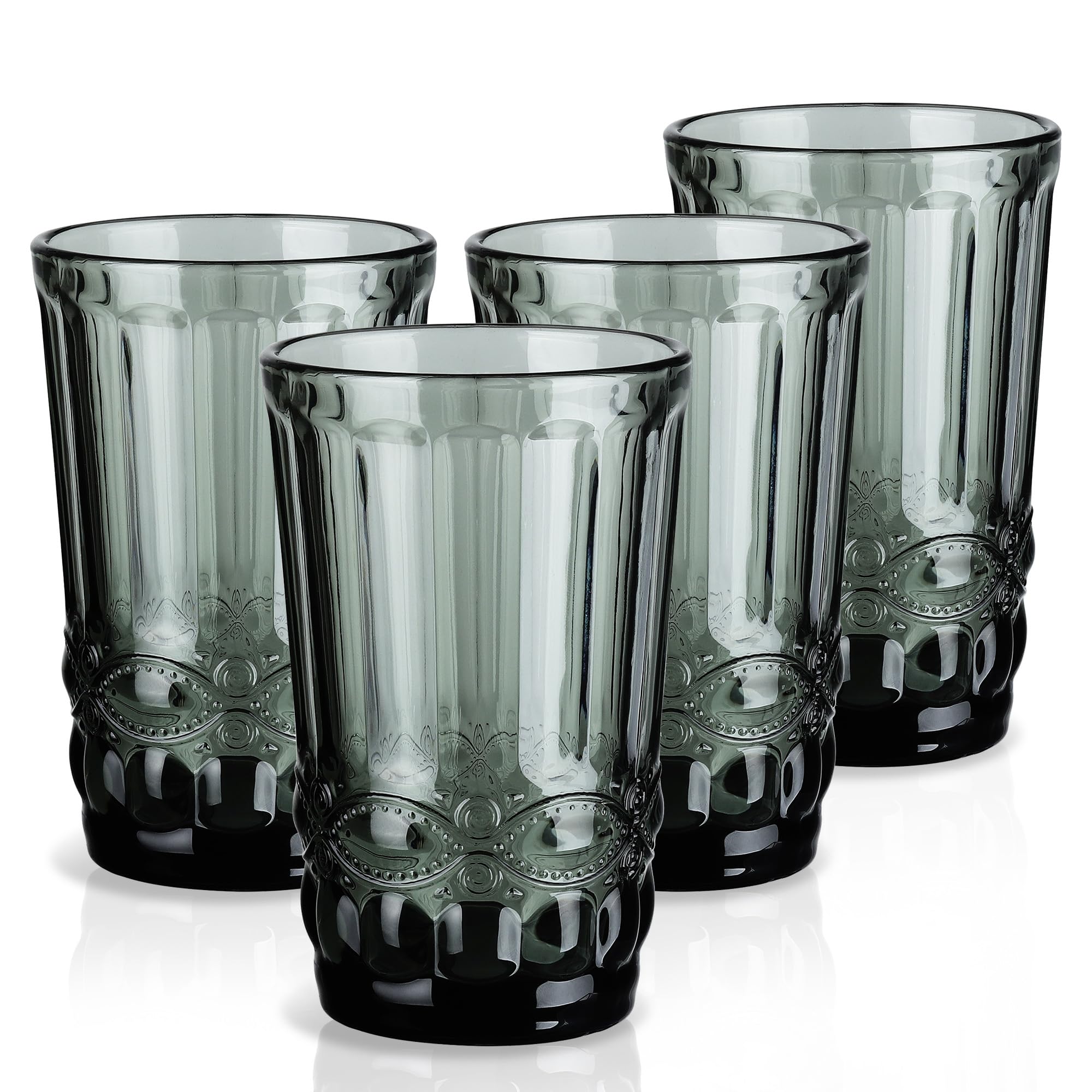Joeyan Vintage Grau Trinkgläser 4er-Set,330ml Bunt Wassergläser mit Relief