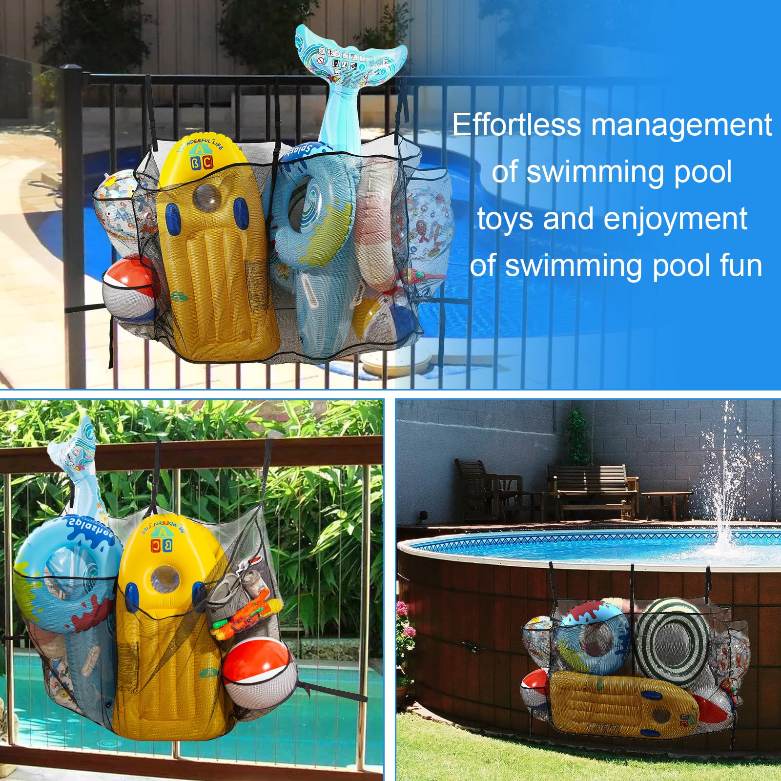Cestino portaoggetti per piscina con 3 tasche laterali e cinghie inferiori, sacchetto impermeabile in rete per giocattoli da piscina (148 x 40 x 95 cm), adatto per gadget da piscina, conservazione e