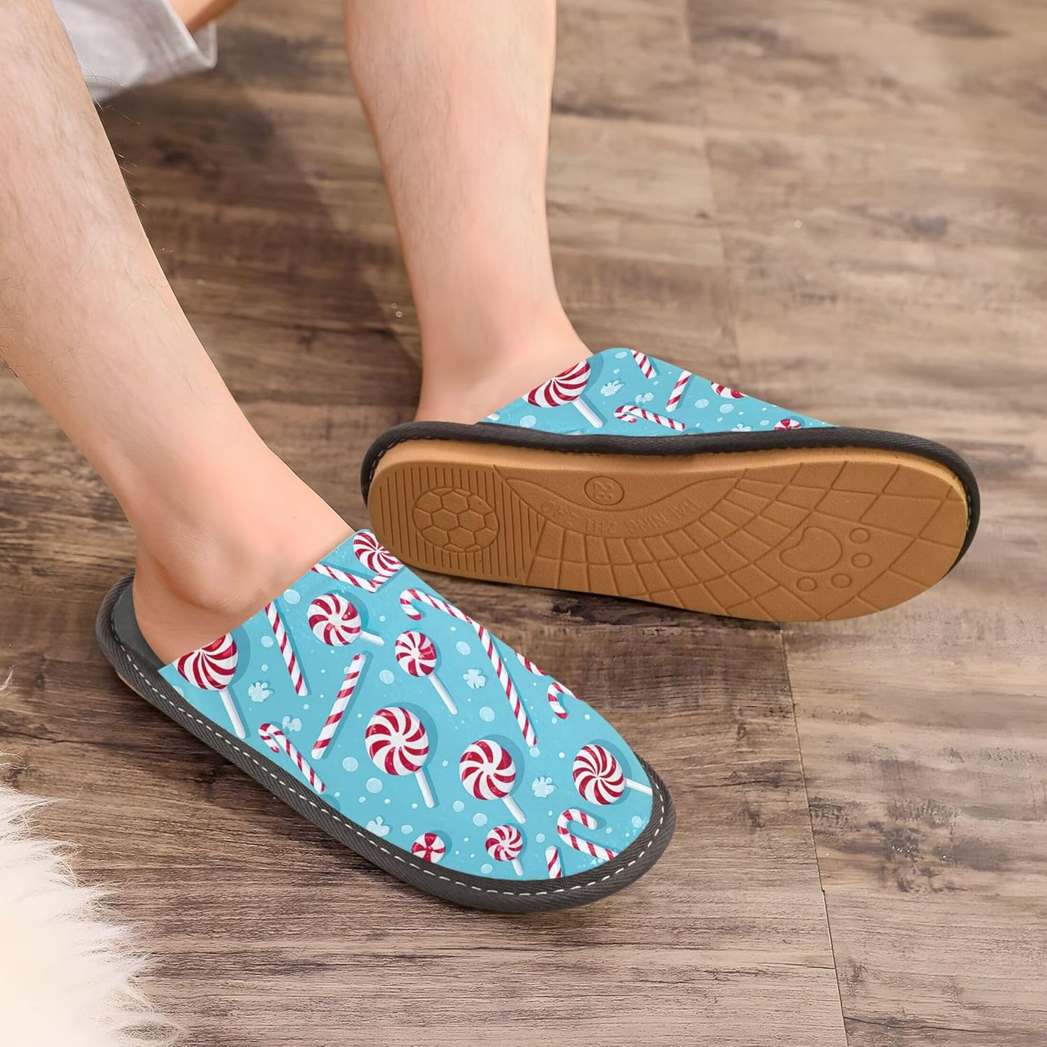Sweet Candy Canes House Slippers – Cozy Fuzzy Slippers for Guests, Washable & Disposable, Perfect for Shoeless Home, Spa & Hotel Use A111739