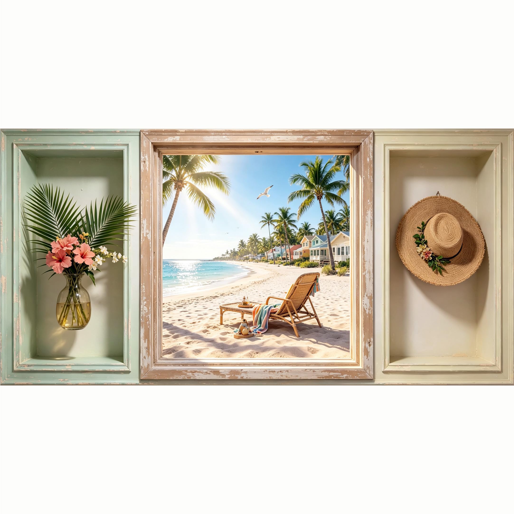 QZLITHOTIC 50x100cm 3D Framed Wall Art， Tropical Coastal Beach Palm Tree Scenery SelfAdhesive Mural， WaterActivated Peel & Stick Fabric Decor Wall Decal for Bedroom Living Room