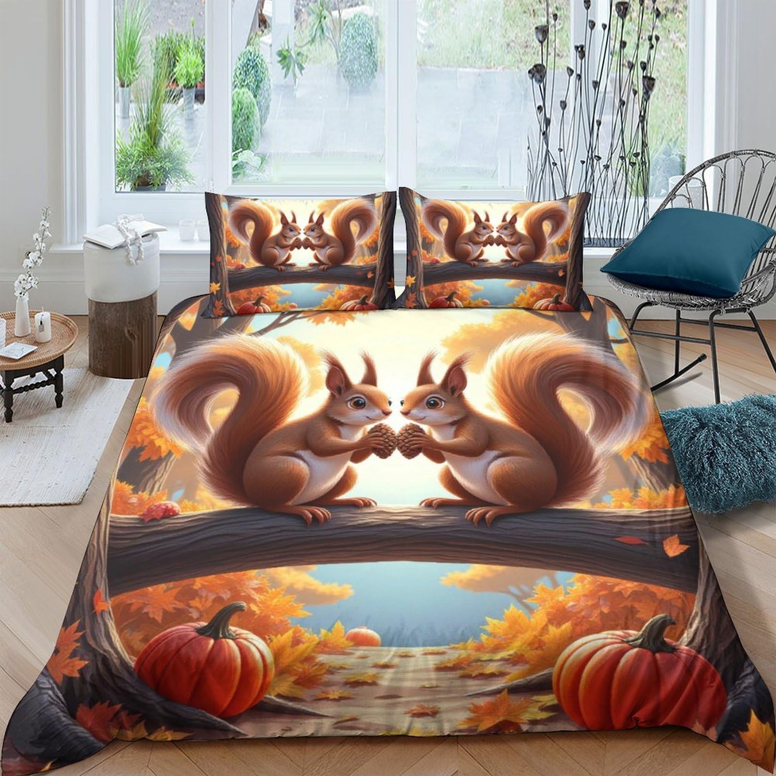 Ctjqhvkz Style-1 3D Printed Autumn Squirrel Fitted Sheet Microfiber Soft Pumpkin Forest Bed Cover For Bedroom Dorm Decor Single（135X200cm）