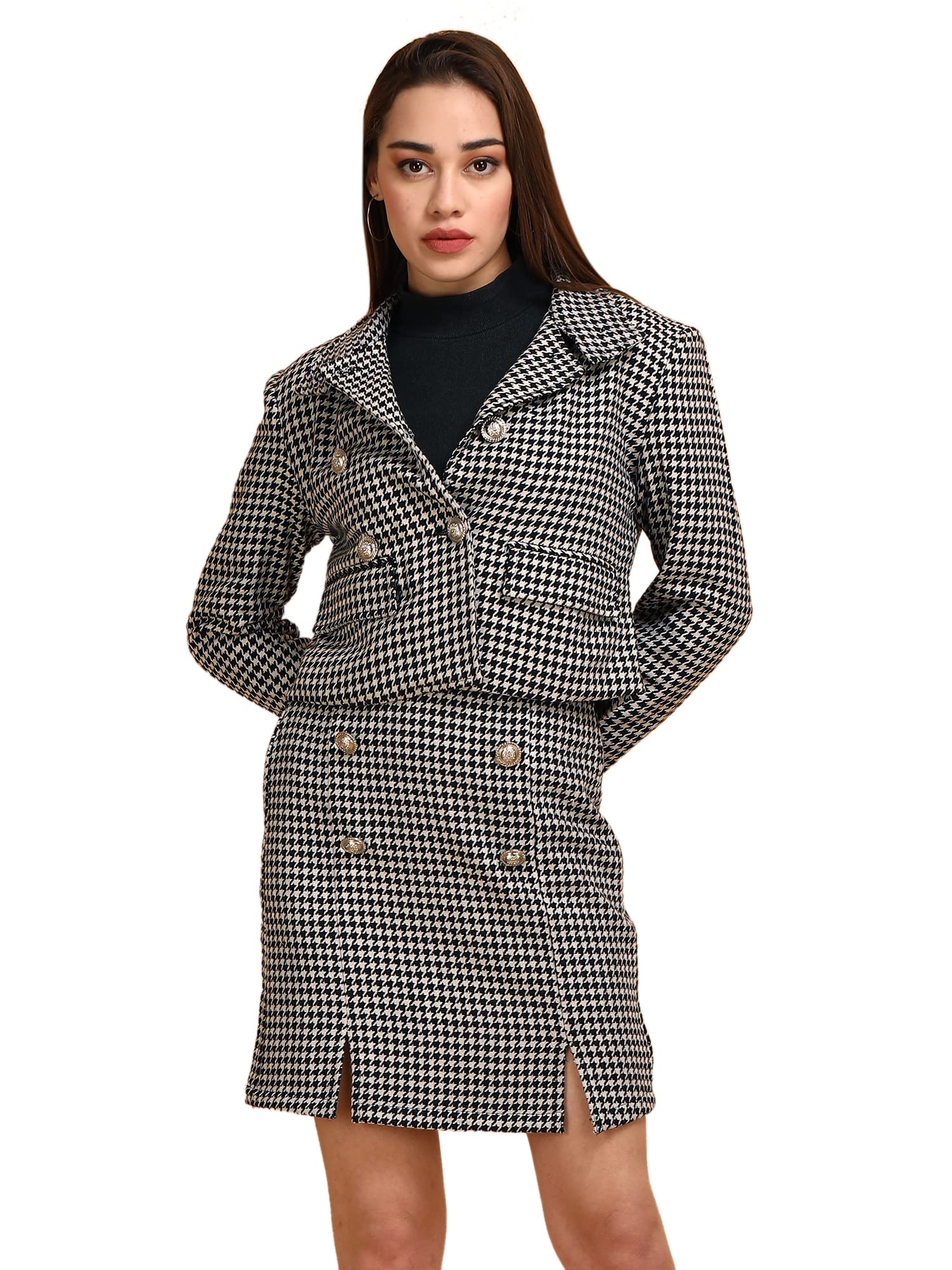 aol Women's Houndstooth Design Short Woollen Coat with Hi-Neck Option-picture-23